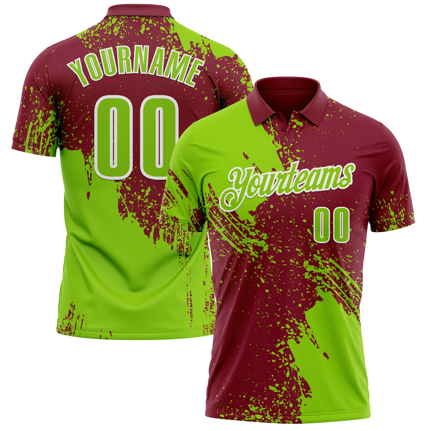 Custom Neon Green Crimson-White 3D Pattern Design Abstract Brush Stroke Performance Polo Shirt