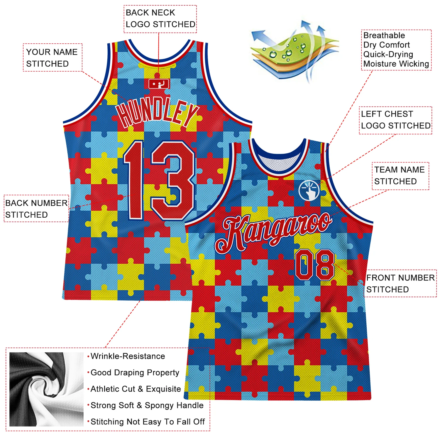 Custom Black Red-Royal 3D Pattern Design Autism Supporter Awareness Puzzle Pieces Authentic Basketball Jersey