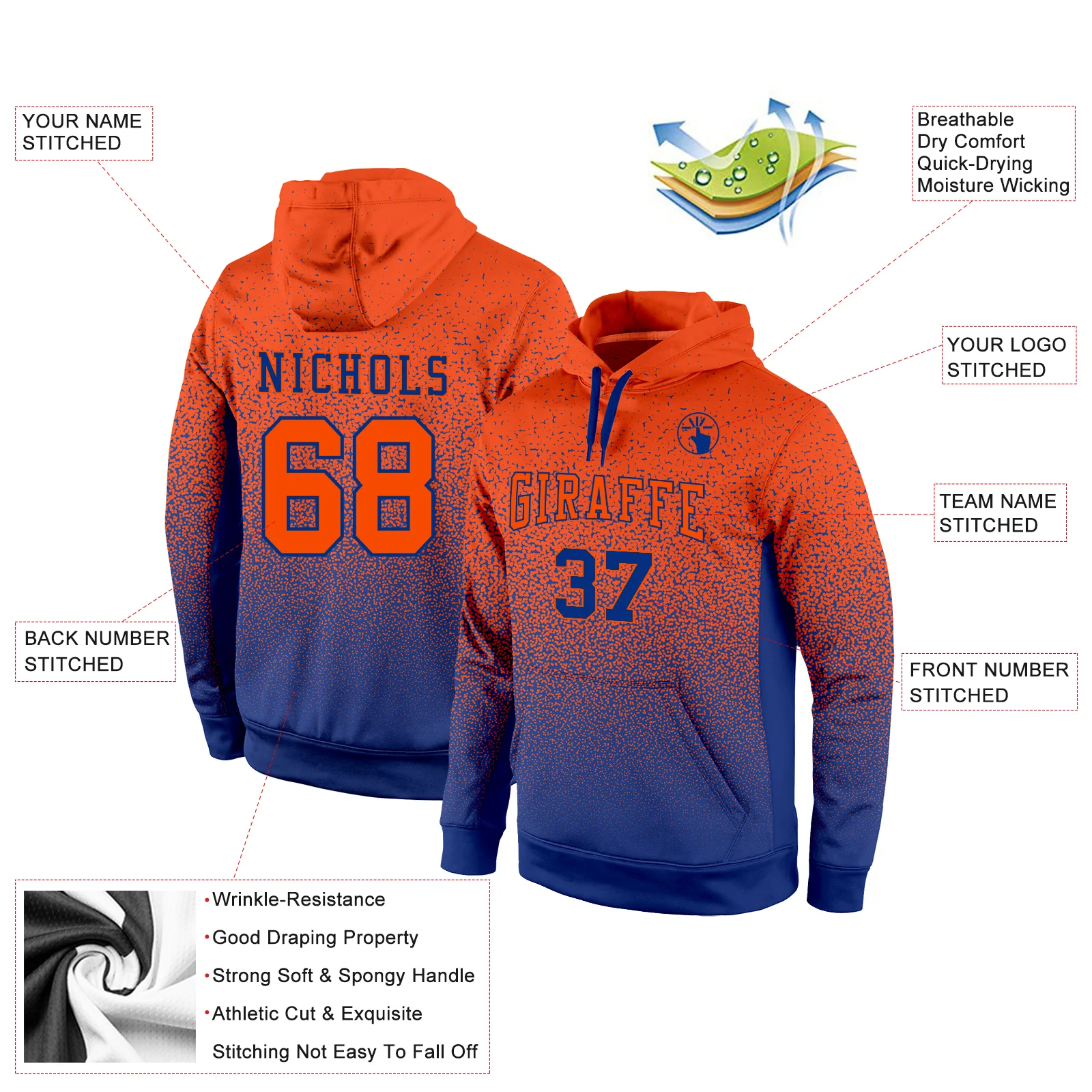 Custom Stitched Royal Orange Fade Fashion Sports Pullover Sweatshirt Hoodie