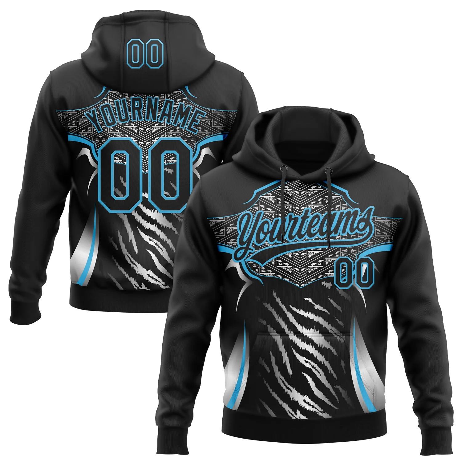 Custom Stitched Black Sky Blue-White 3D Pattern Design E-sports Pullover Sweatshirt Hoodie