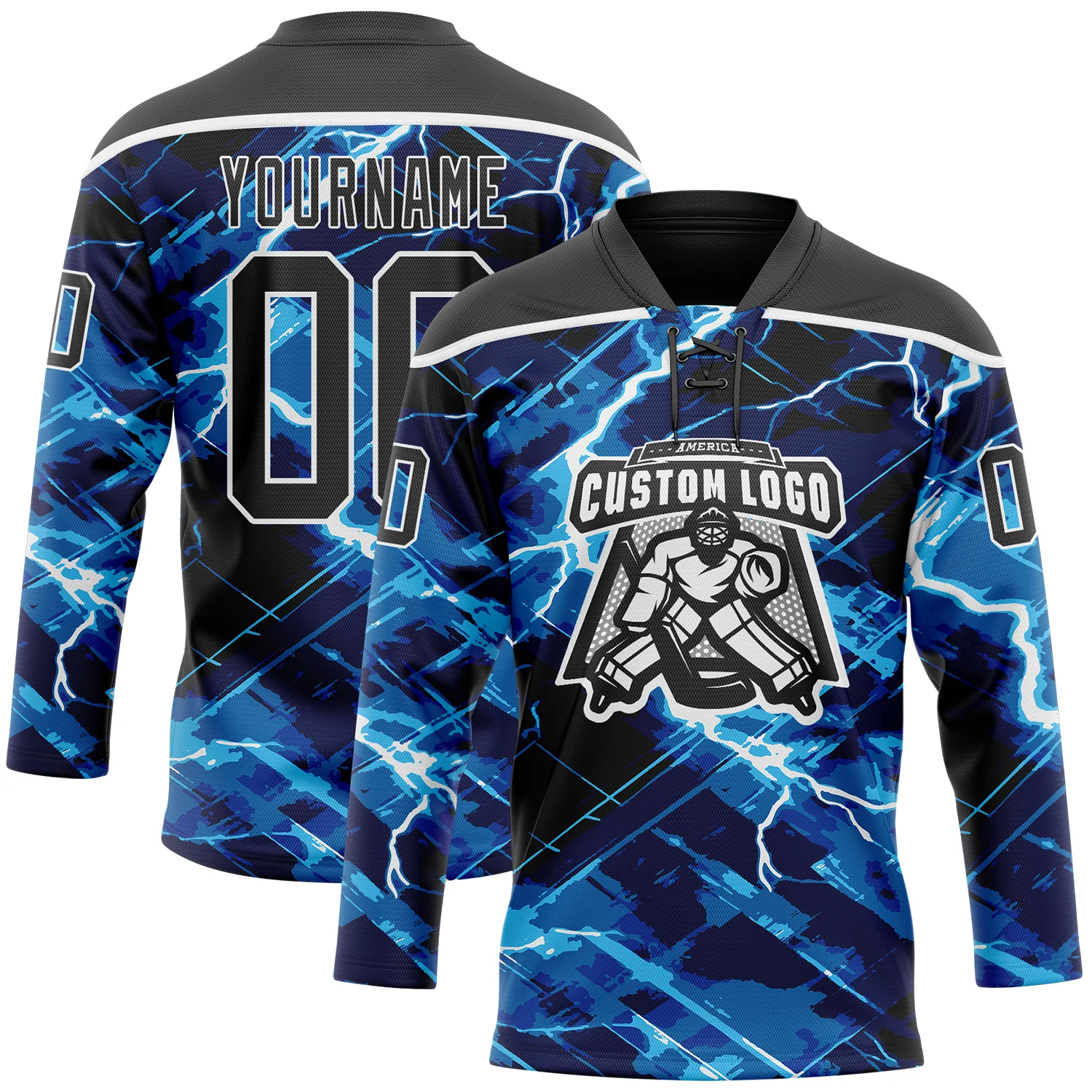 Custom Black Blue-White 3D Pattern Lightning Hockey Lace Neck Jersey
