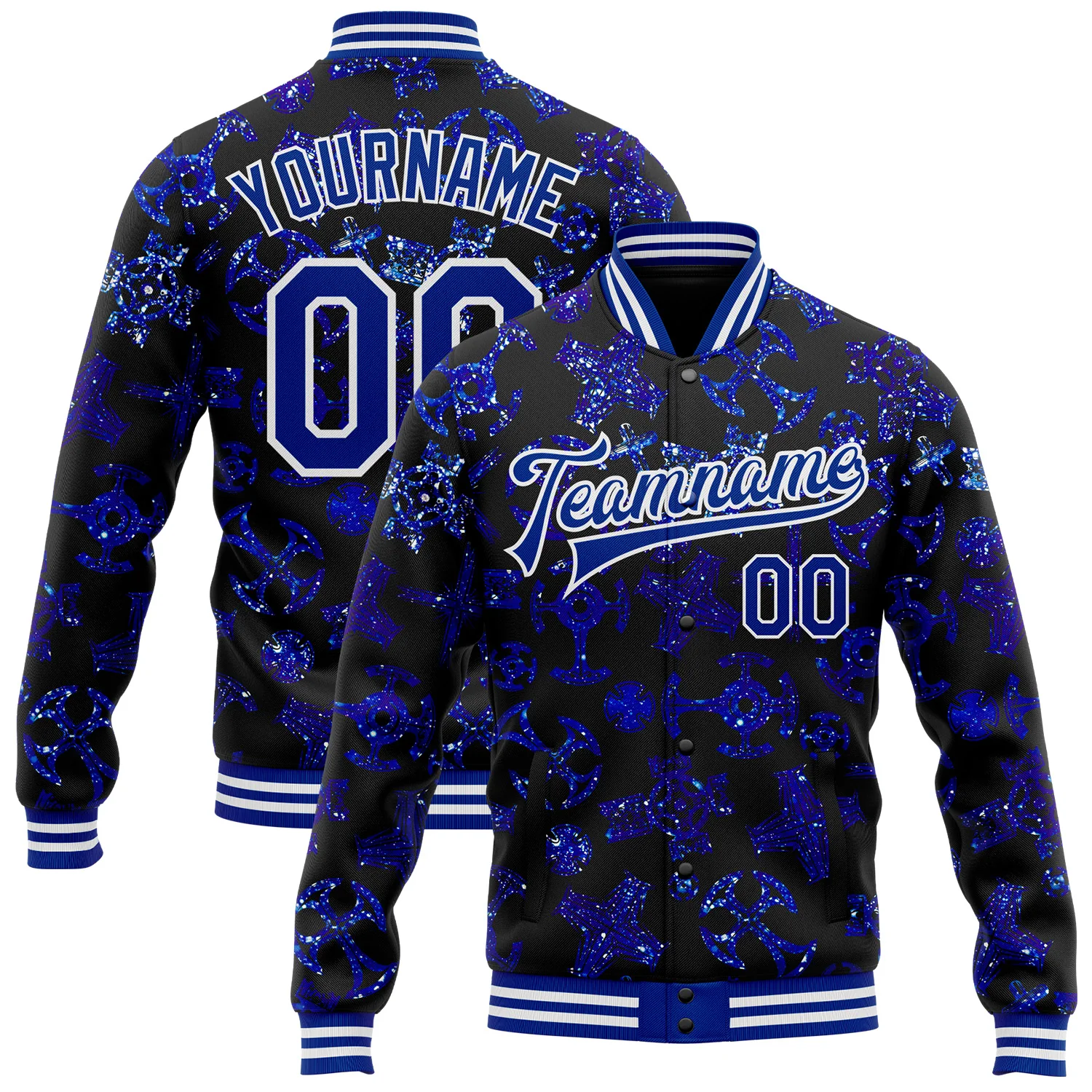 Custom Black Royal-White Gothic Glitter Crosses 3D Pattern Design Bomber Full-Snap Varsity Letterman Jacket