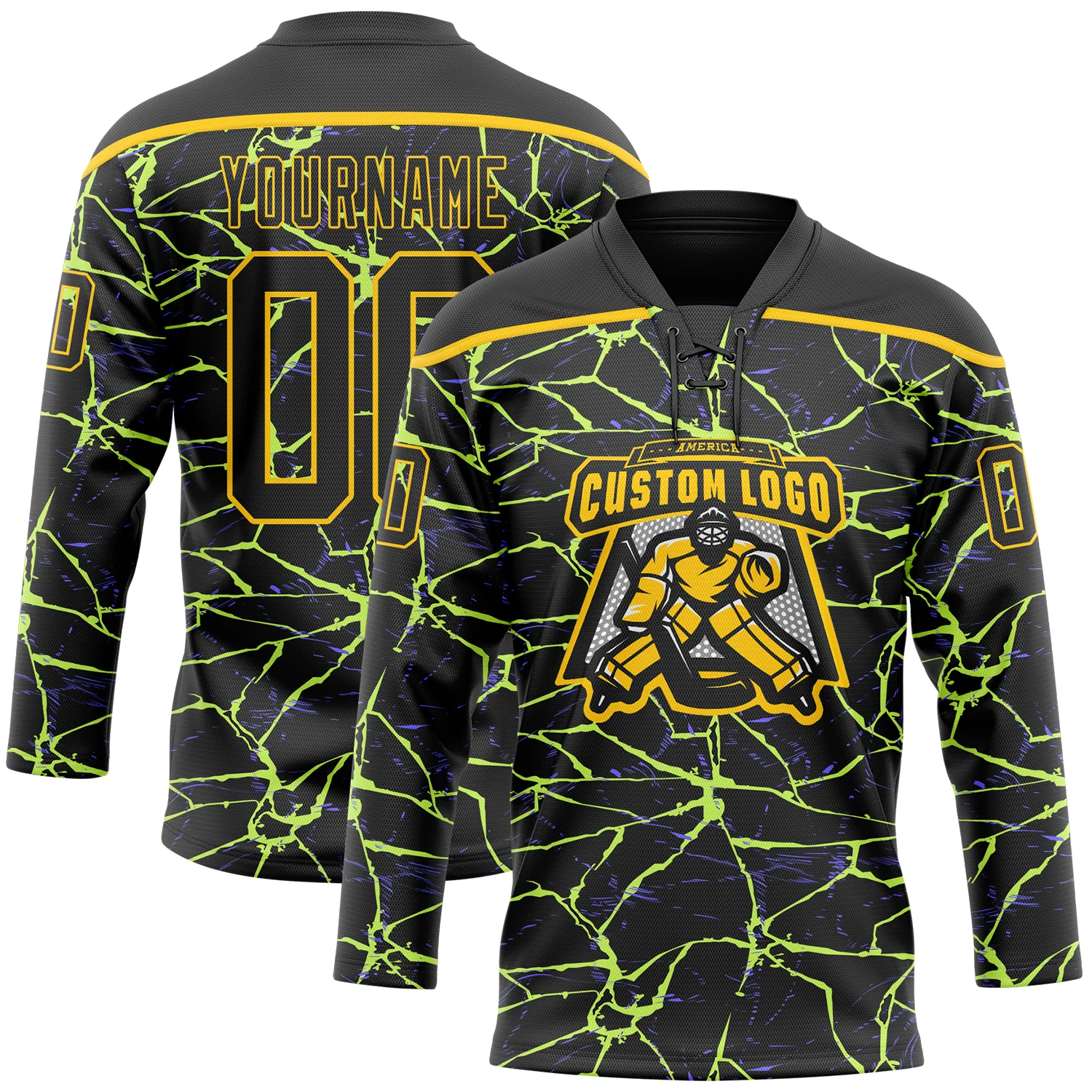 Custom Black Yellow-Purple 3D Pattern Lightning Hockey Lace Neck Jersey