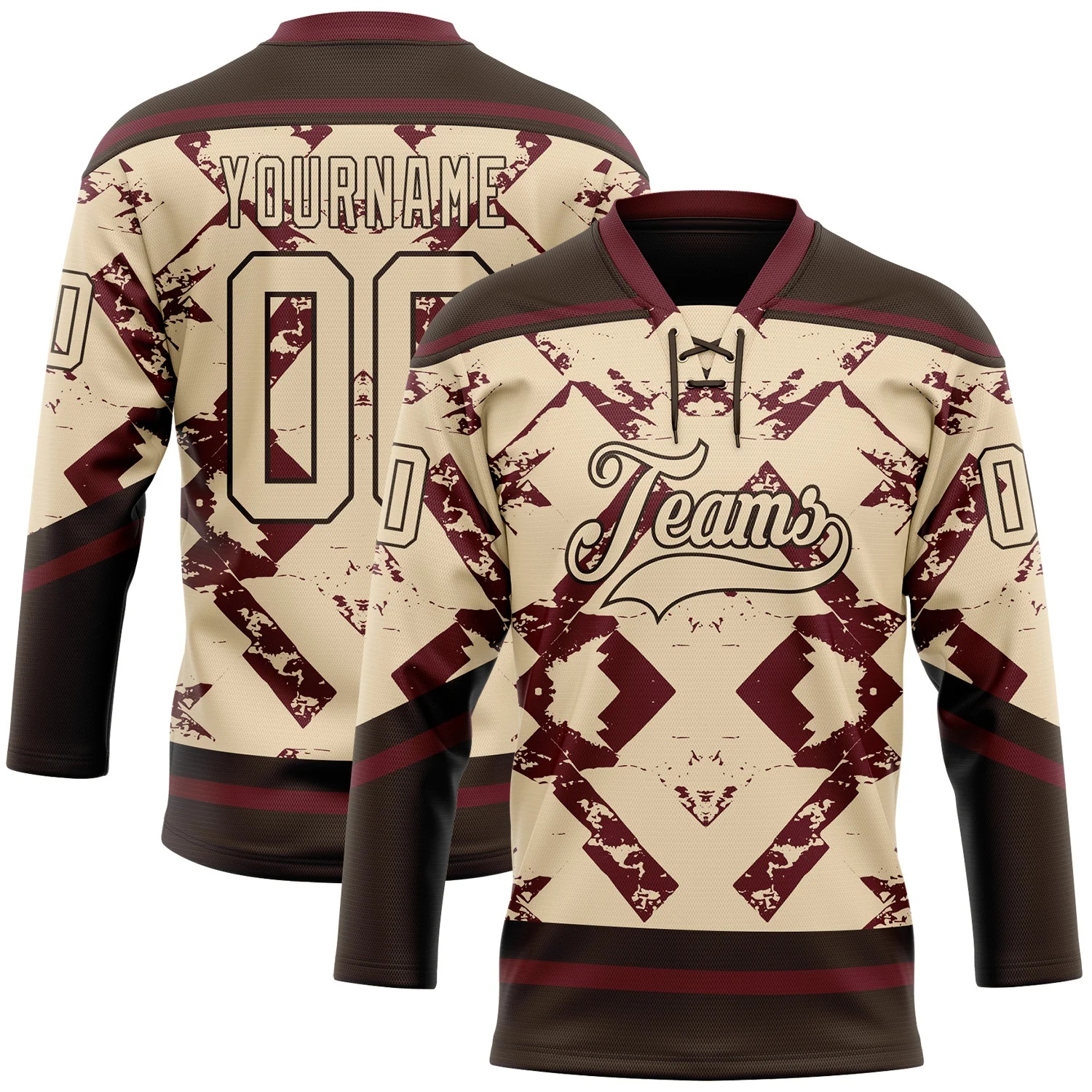 Custom City Cream Burgundy-Brown 3D Pattern Tribal Indigenous Grunge Splash Hockey Lace Neck Jersey