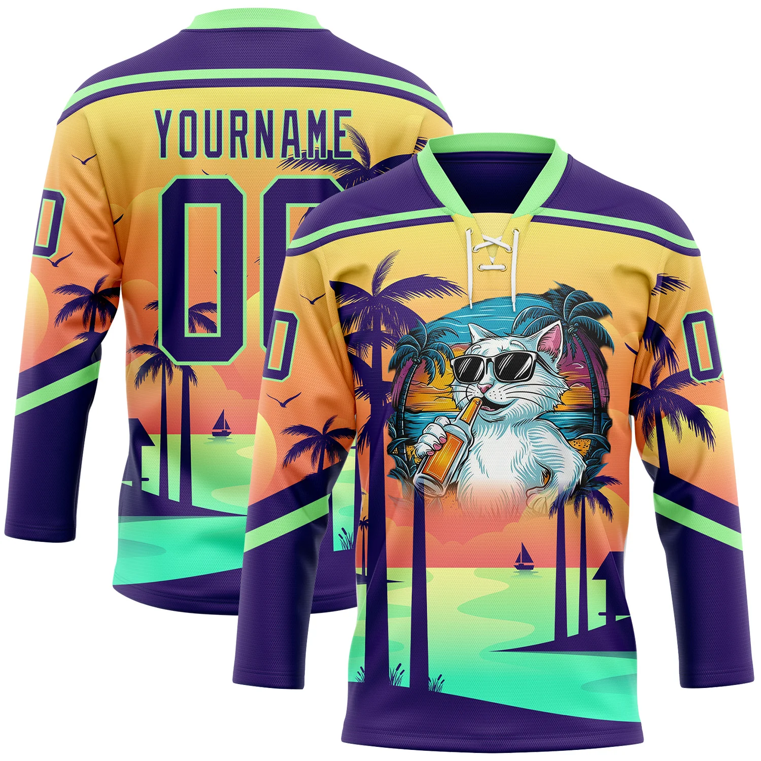 Custom Purple Yellow-Pea Green 3D Pattern Gradient Hawaii Tropical Palm Trees Hockey Lace Neck Jersey