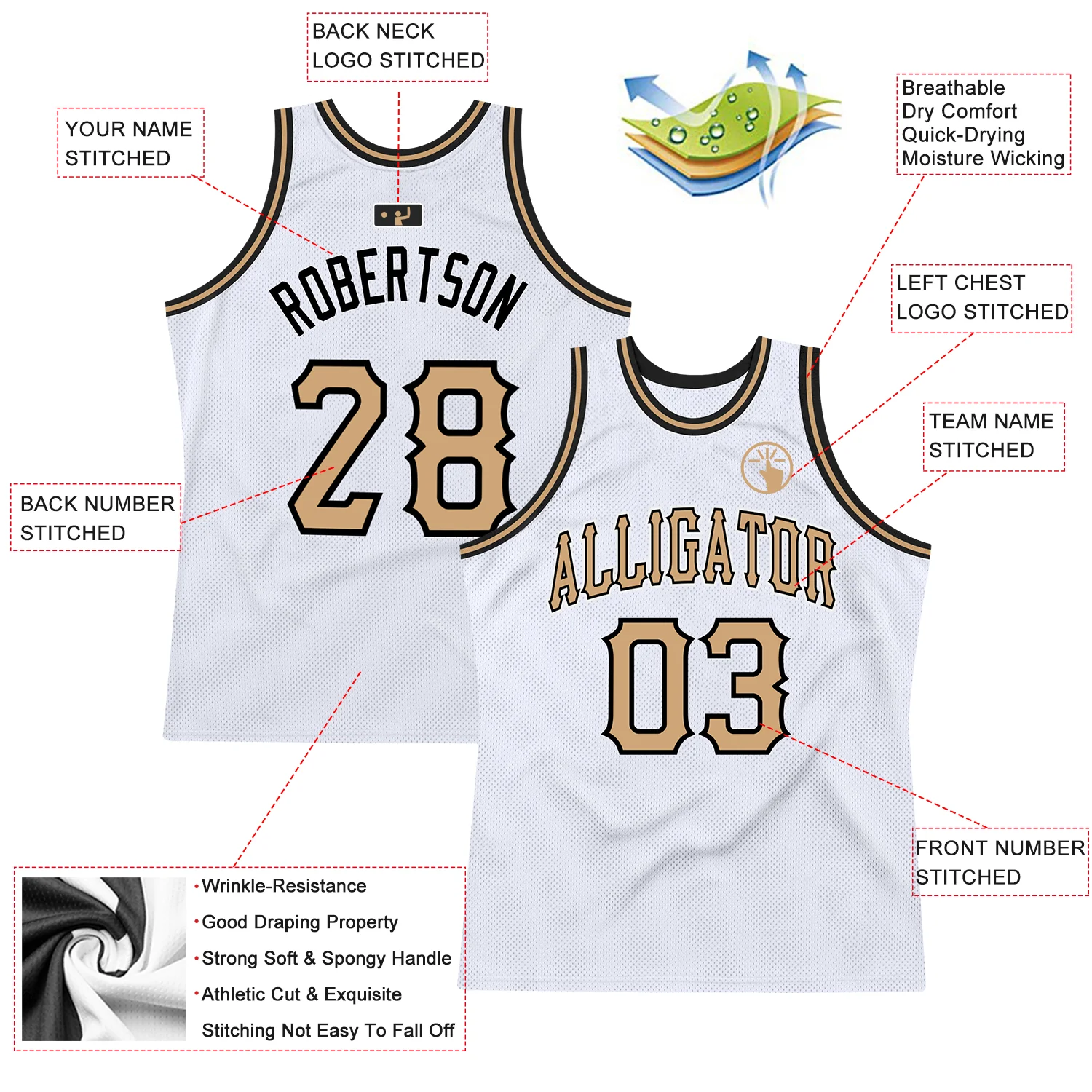 Custom White Old Gold-Black Authentic Throwback Basketball Jersey