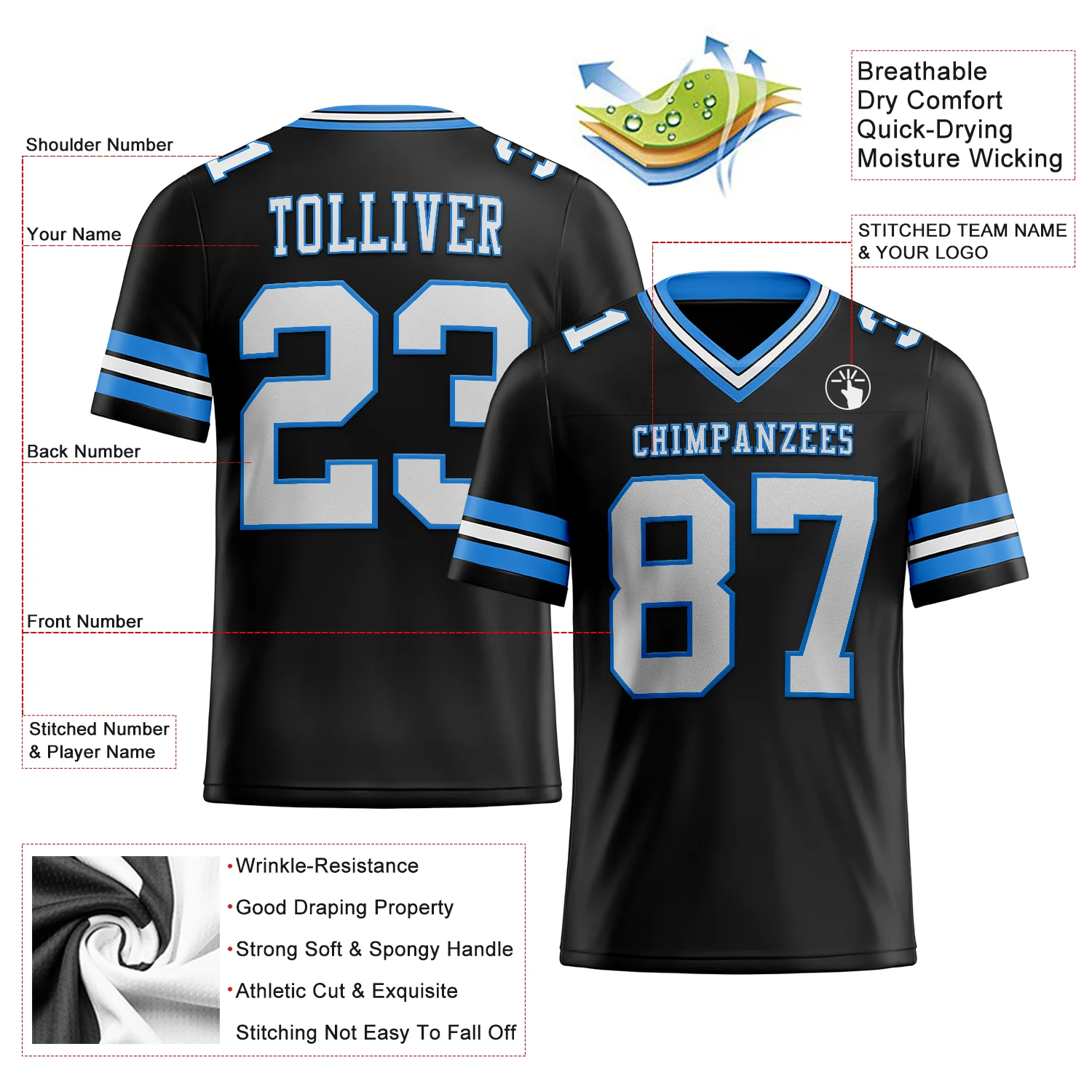 Custom Black White-Powder Blue Authentic Football Jersey