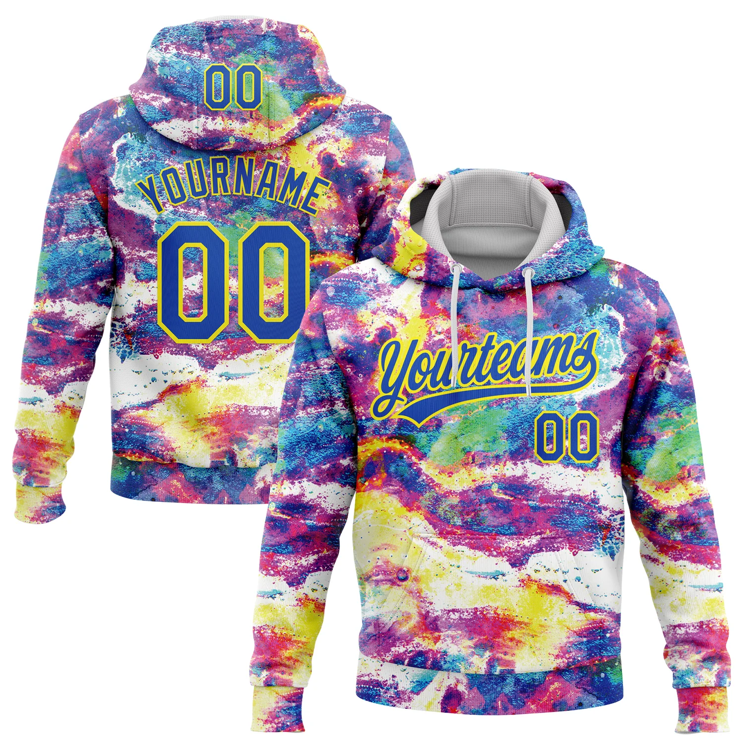 Custom Stitched Graffiti Pattern Thunder Blue-Light Yellow 3D Abstract Splatter Sports Pullover Sweatshirt Hoodie