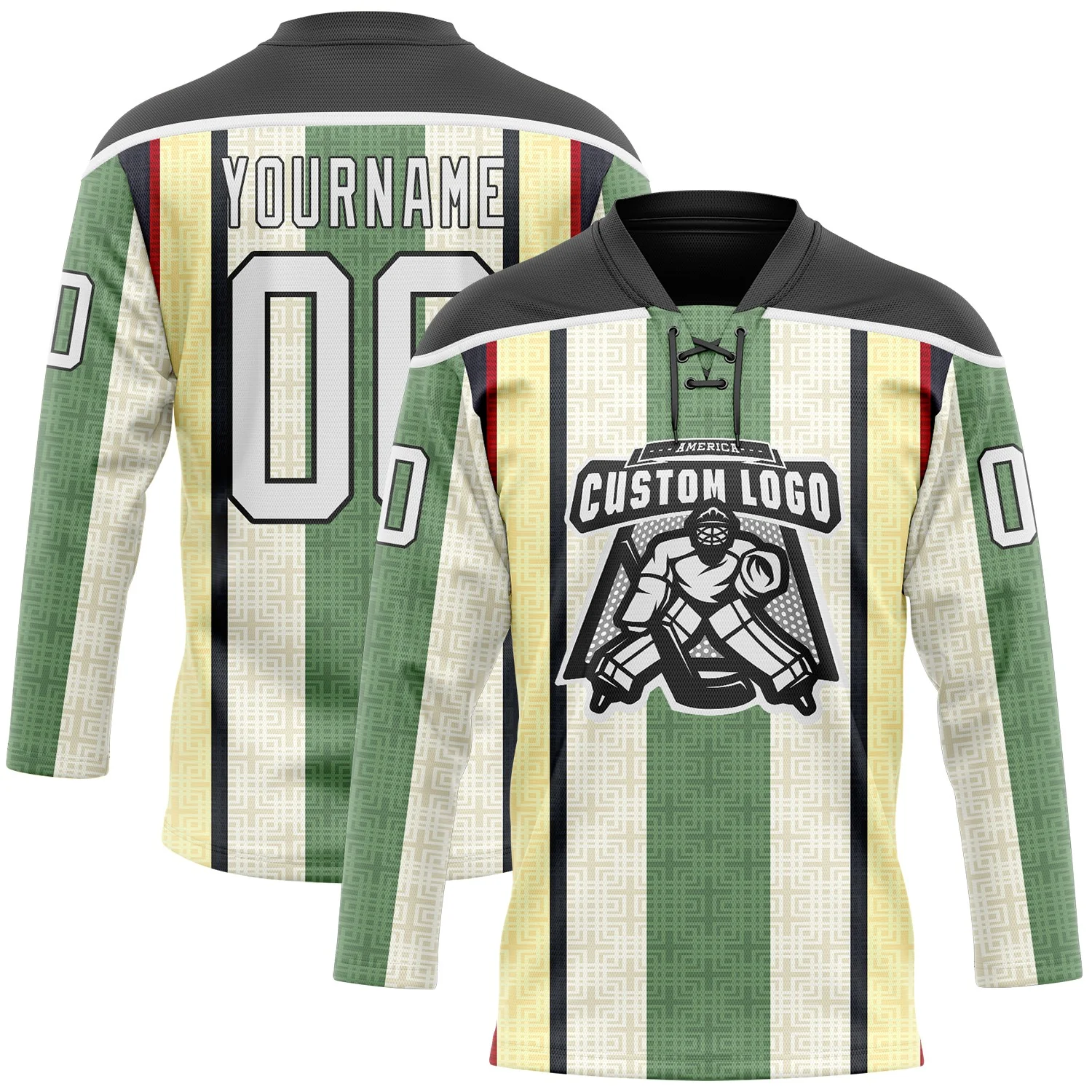 Custom Green White Cream Black-Red 3D Pattern Design Stripe Hockey Lace Neck Jersey