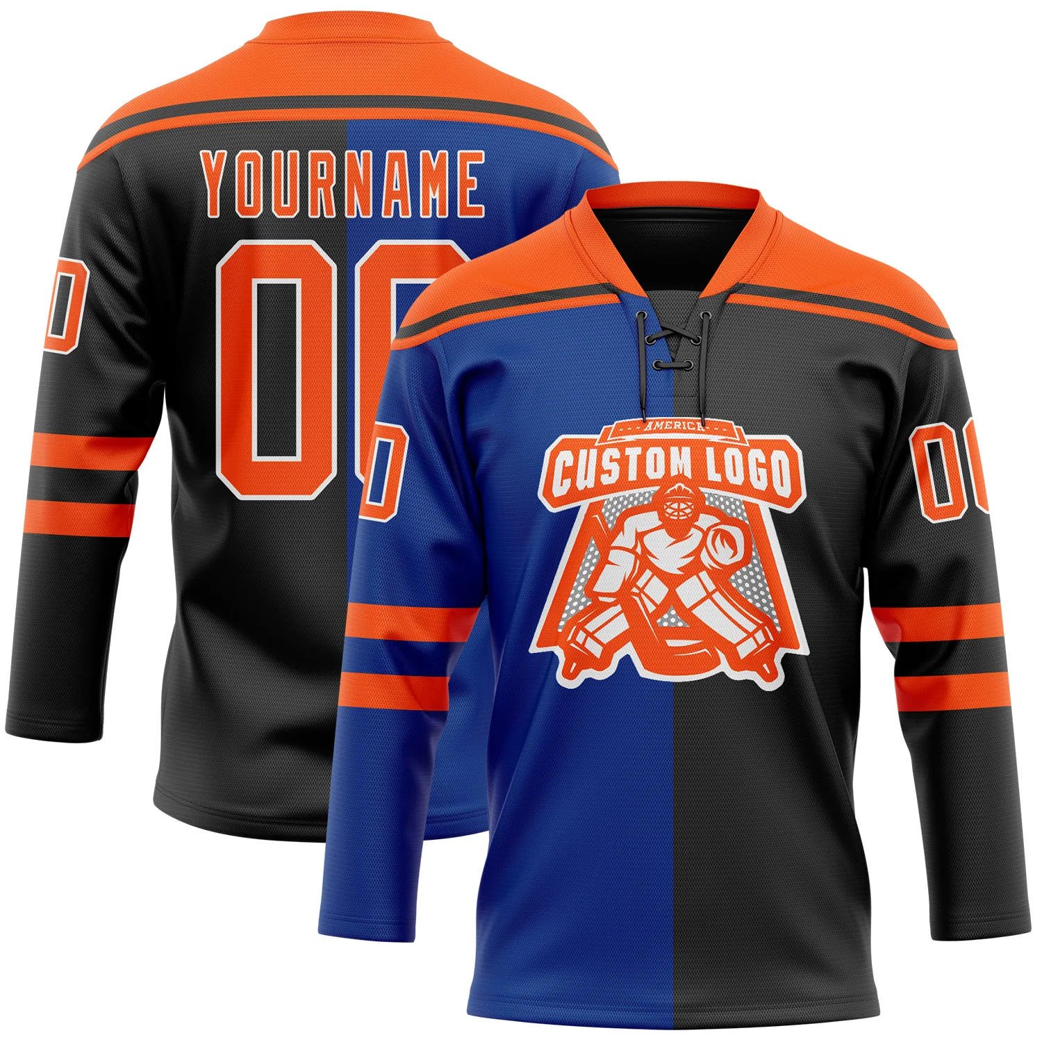 Custom Black Orange Royal-White Split Fashion Hockey Lace Neck Jersey
