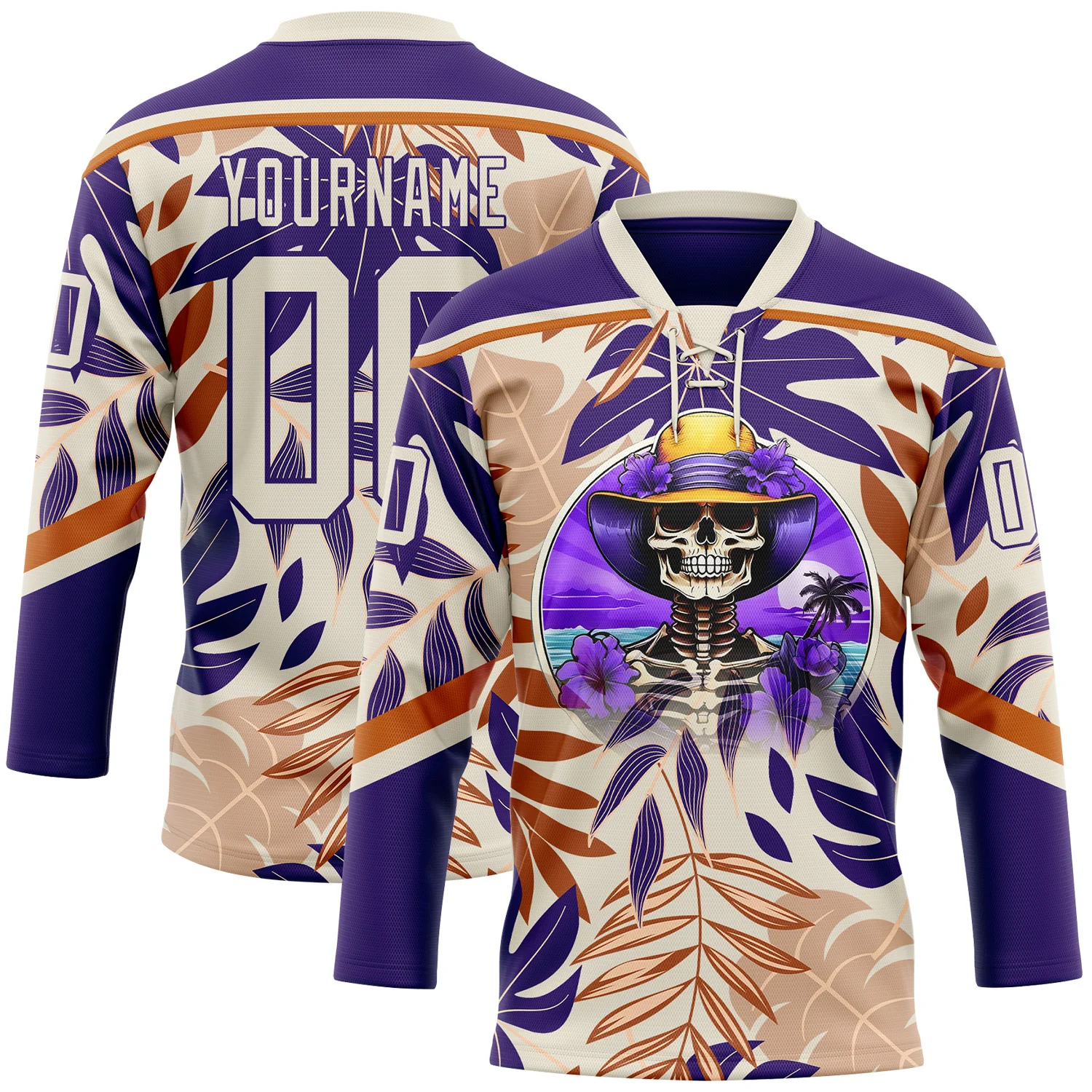 Custom Purple Cream-Texas Orange 3D Pattern Hawaii Tropical Palm Trees Hockey Lace Neck Jersey