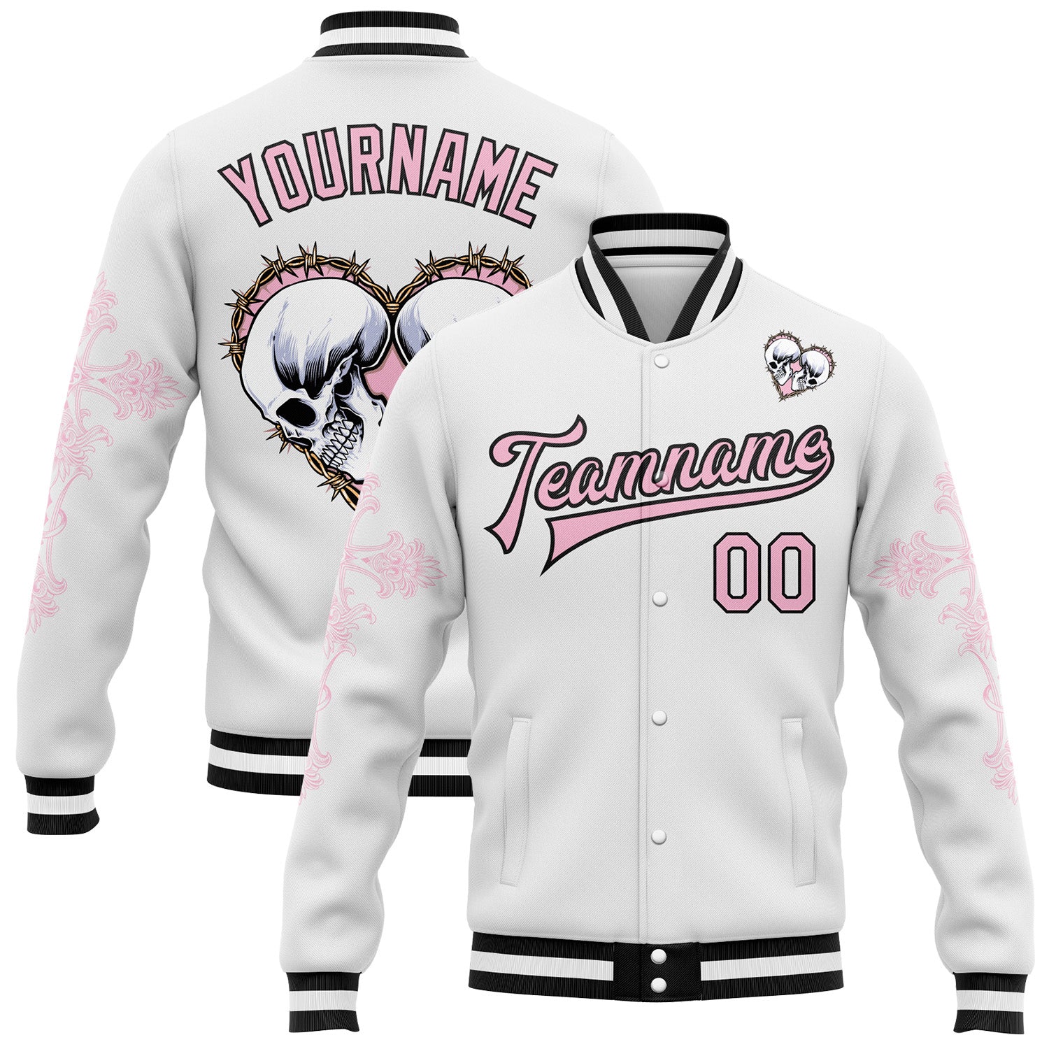 Custom White Light Pink-Black Gothic Crosses Skull 3D Pattern Design Bomber Full-Snap Varsity Letterman Jacket