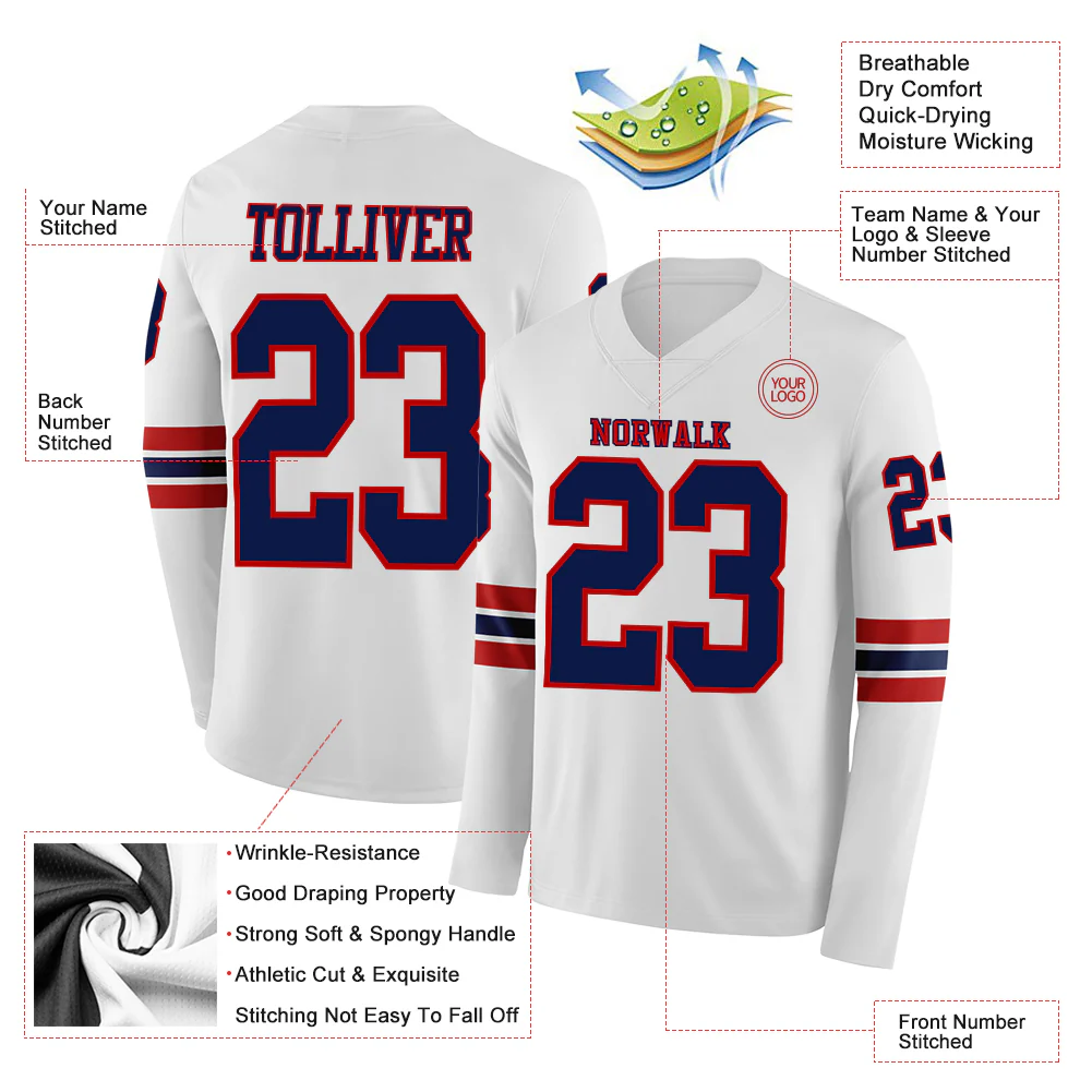 Custom White Navy-Red Long Sleeve Authentic Football Jersey