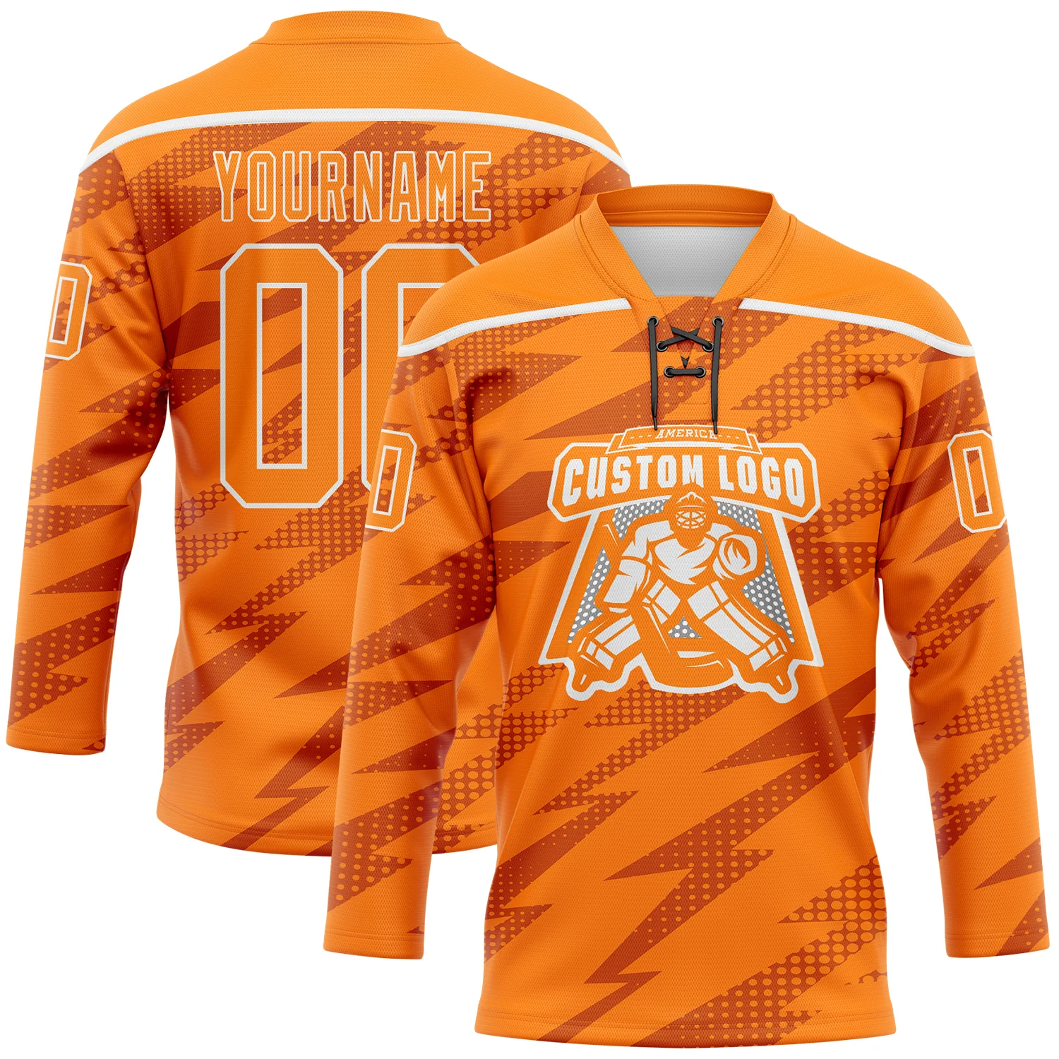 Custom Bay Orange White 3D Pattern Lightning Hockey Lace Neck Jersey
