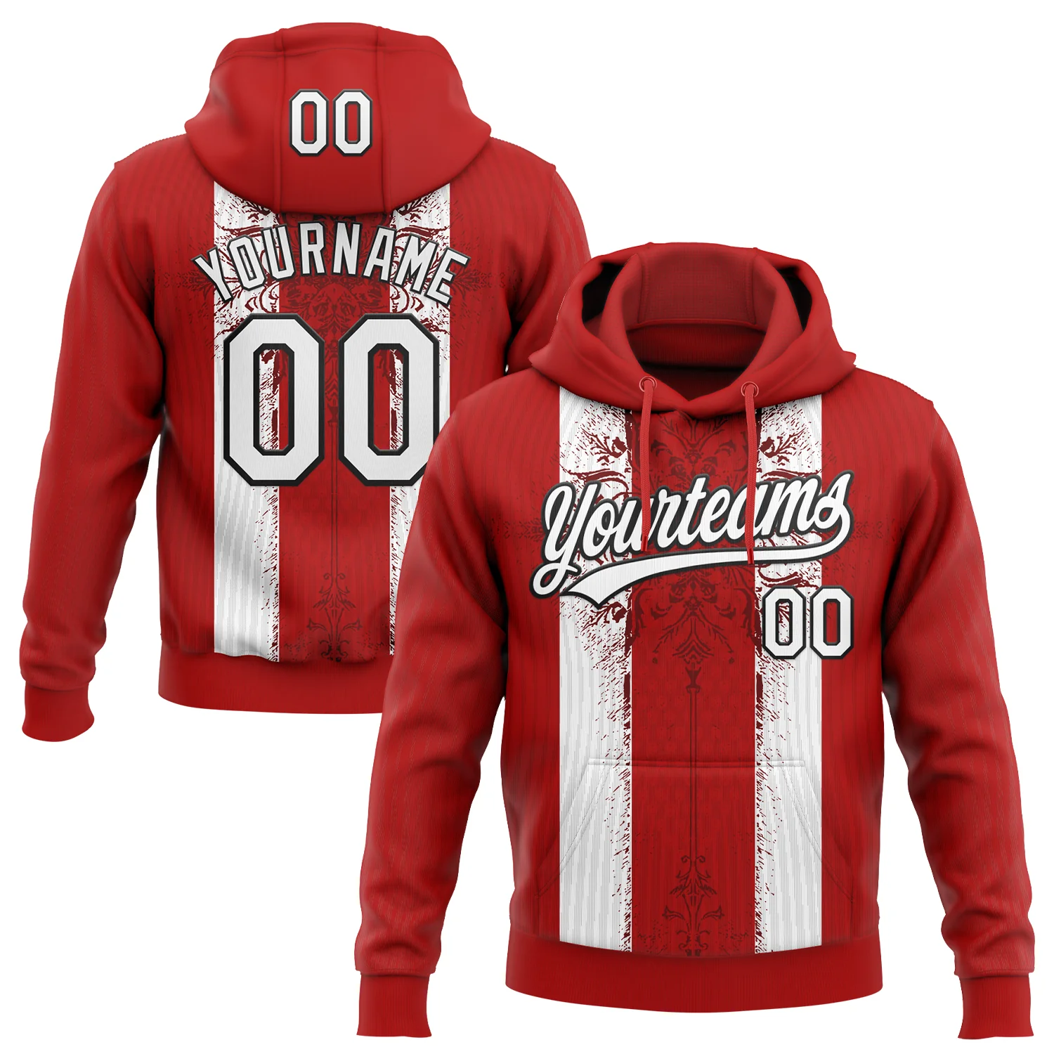Custom Stitched Red White-Black 3D Pattern Design Retro Medieval Pullover Sweatshirt Hoodie