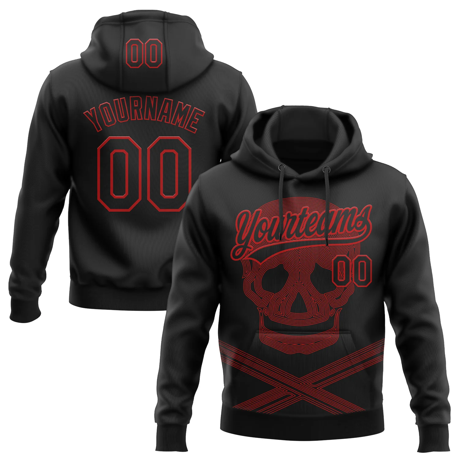 Custom Stitched Black Red 3D Skull Pattern Pullover Sweatshirt Hoodie