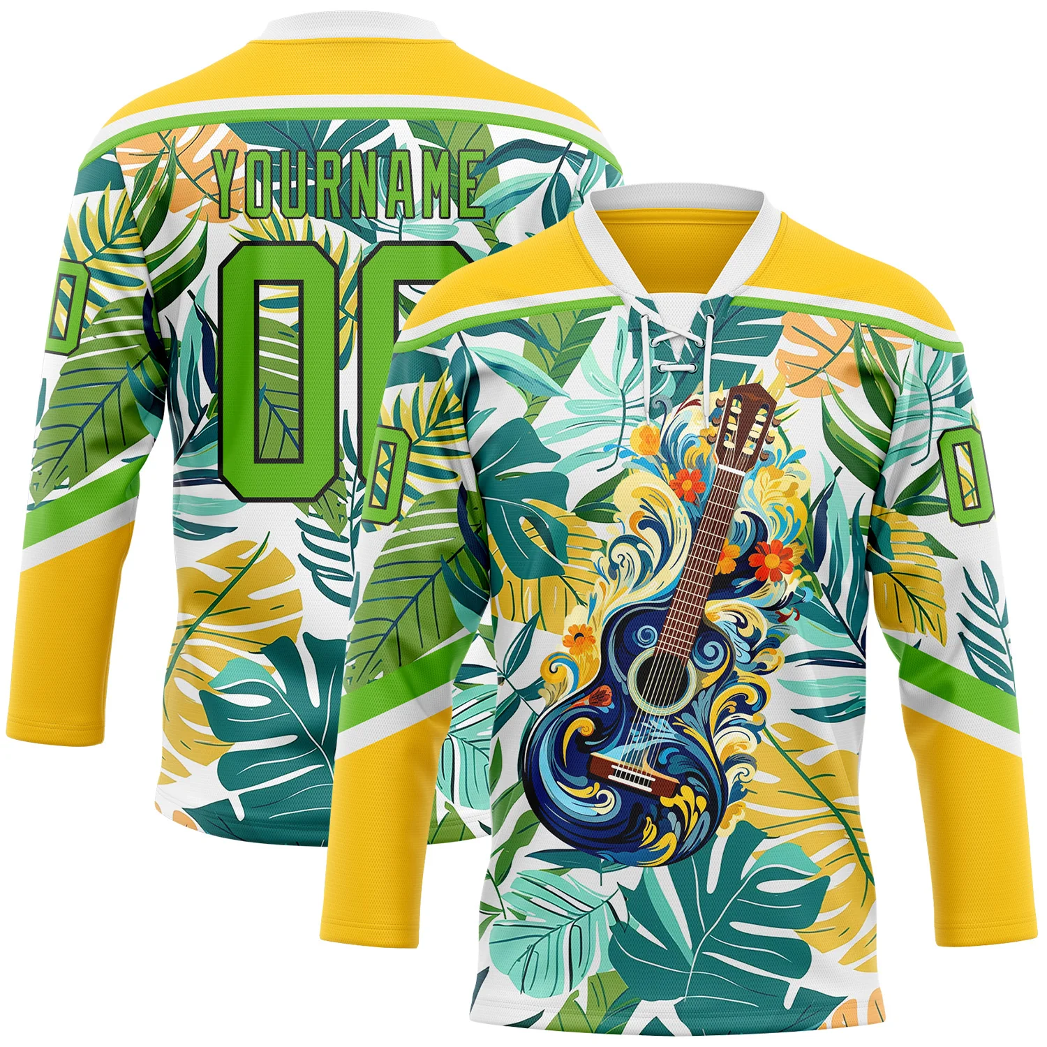 Custom Yellow Aurora Green Black-White 3D Pattern Hawaii Tropical Palm Trees Hockey Lace Neck Jersey