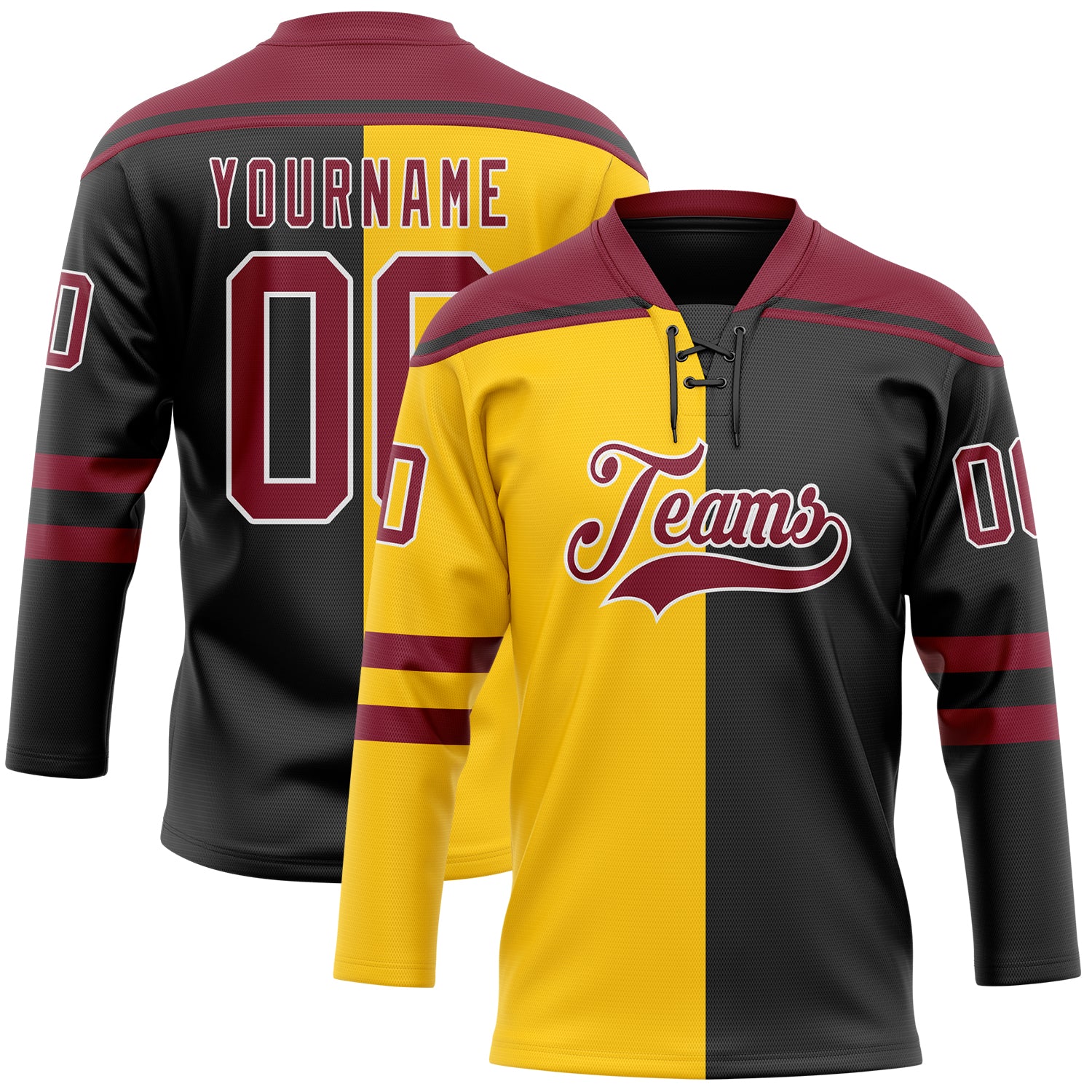 Custom Black Crimson Yellow-White Split Fashion Hockey Lace Neck Jersey