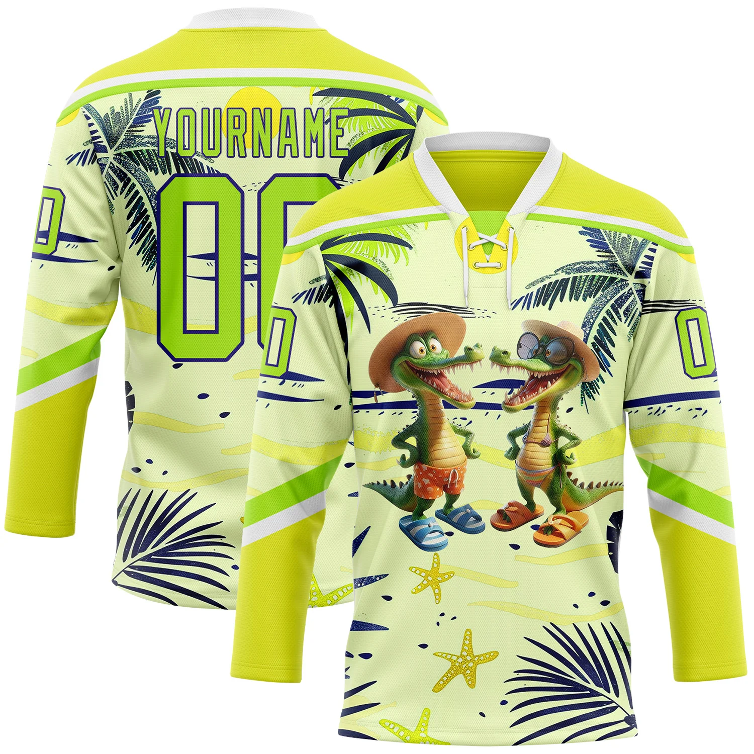 Custom Neon Yellow Neon Green Dark Purple-White 3D Pattern Hawaii Tropical Palm Trees Hockey Lace Neck Jersey