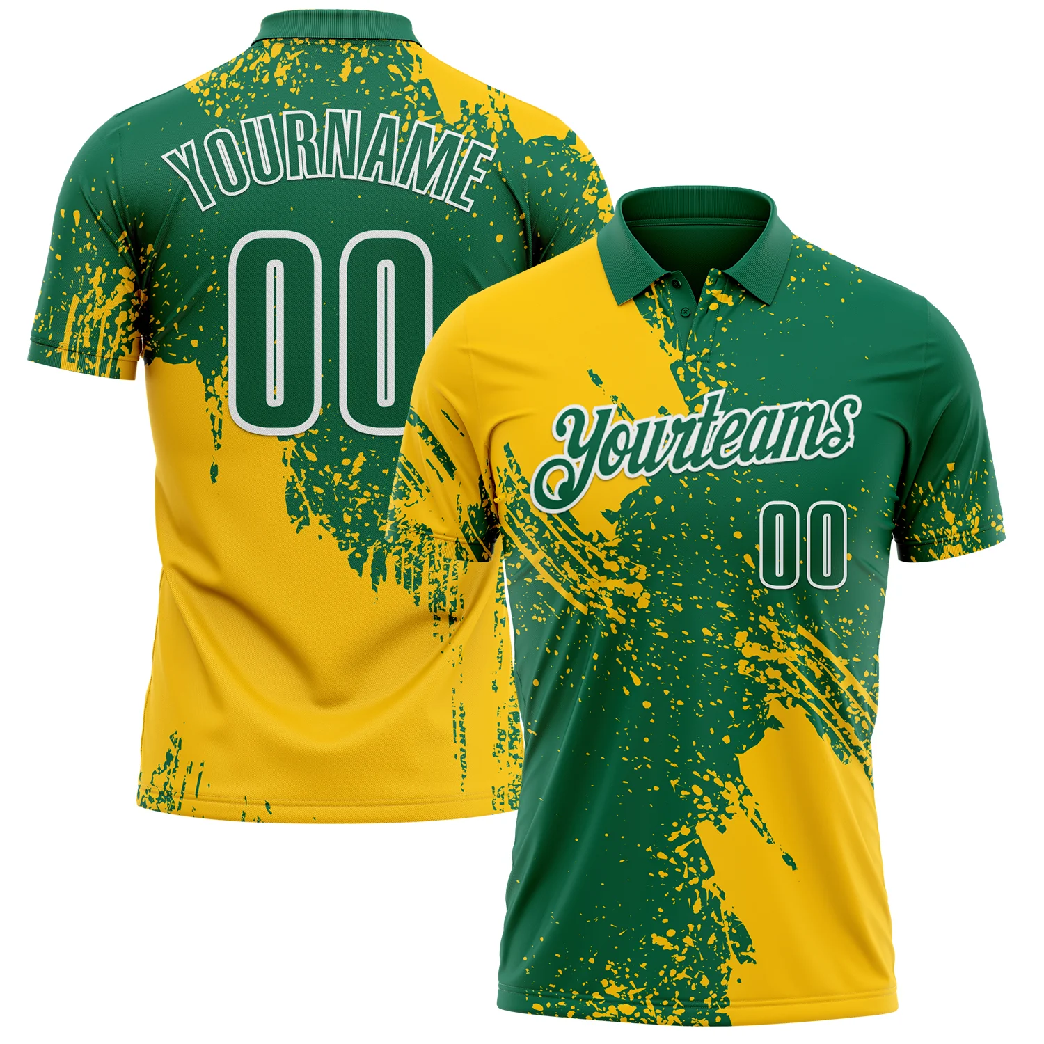 Custom Yellow Kelly Green-White 3D Pattern Design Abstract Brush Stroke Performance Polo Shirt