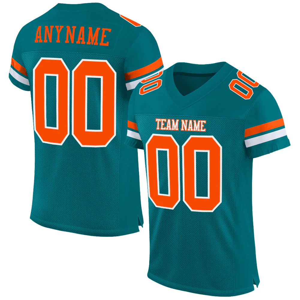 Custom Teal Orange-White Mesh Authentic Football Jersey