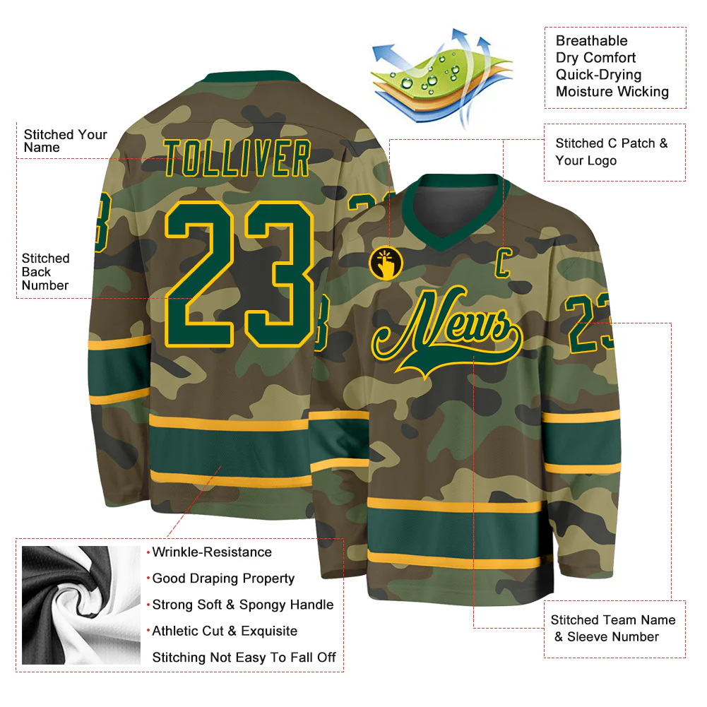 Custom Camo Green-Gold Salute To Service Hockey Jersey