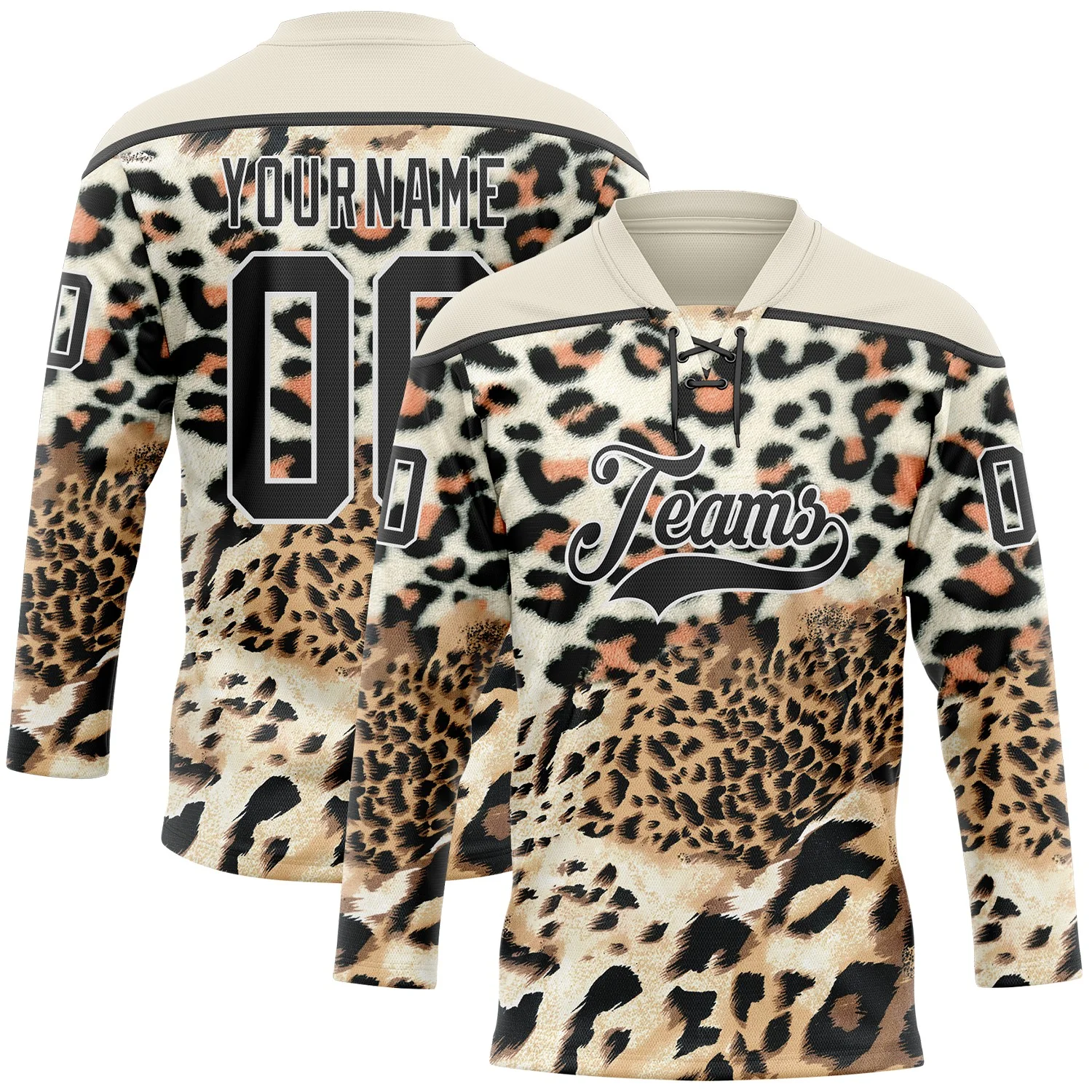 Custom Cream Black Brown-White 3D Pattern Leopard Print Hockey Lace Neck Jersey