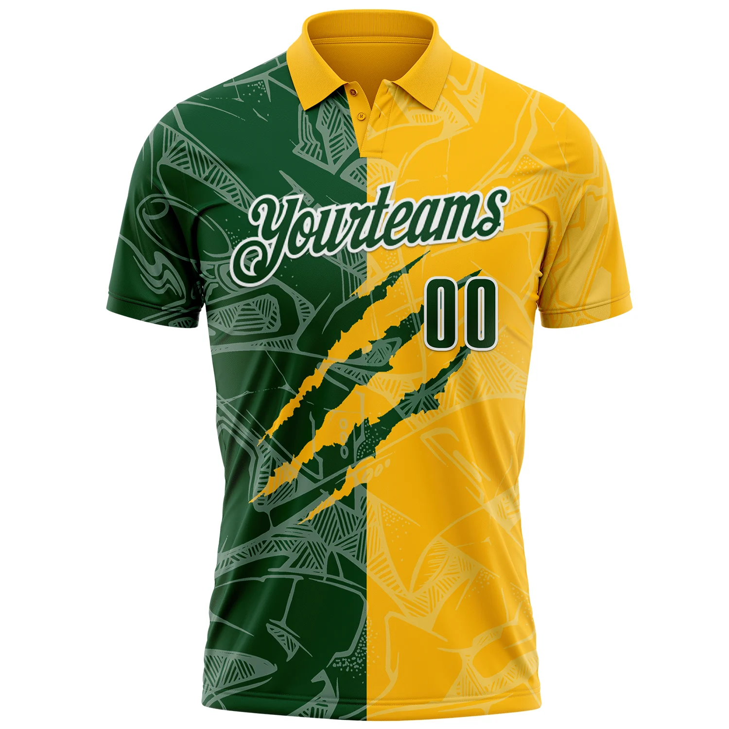 Custom Graffiti Pattern Green Gold-White 3D Scratch Performance Polo Shirt