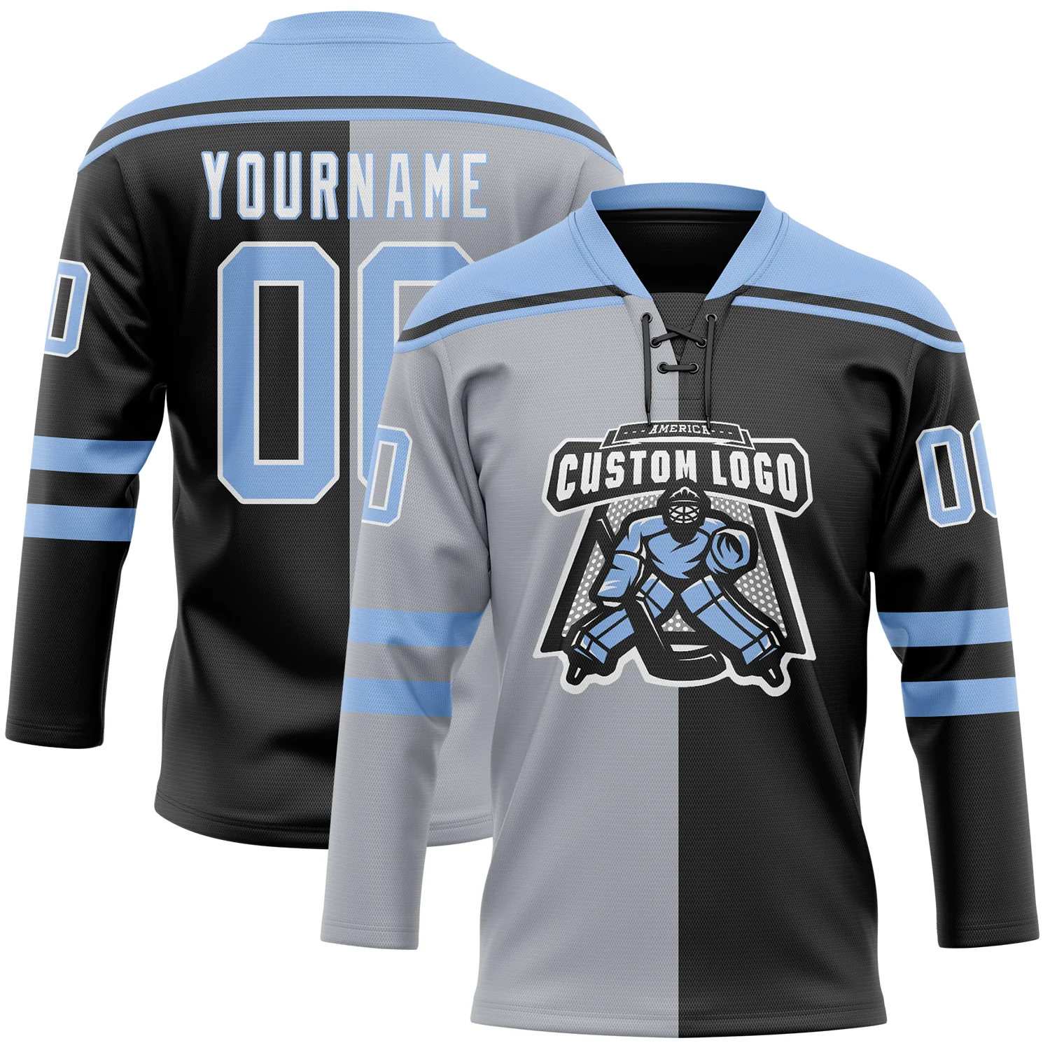 Custom Black Light Blue Gray-White Split Fashion Hockey Lace Neck Jersey