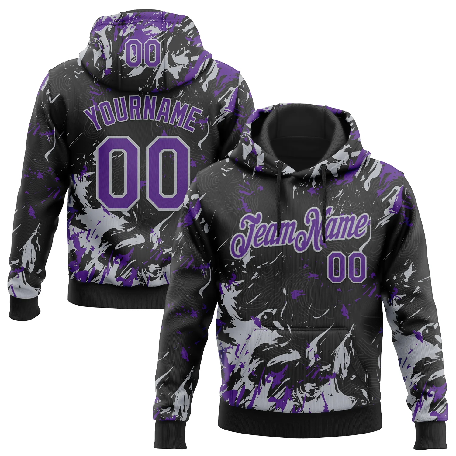 Custom Stitched Black Purple-Gray 3D Pattern Design Splash Sports Pullover Sweatshirt Hoodie