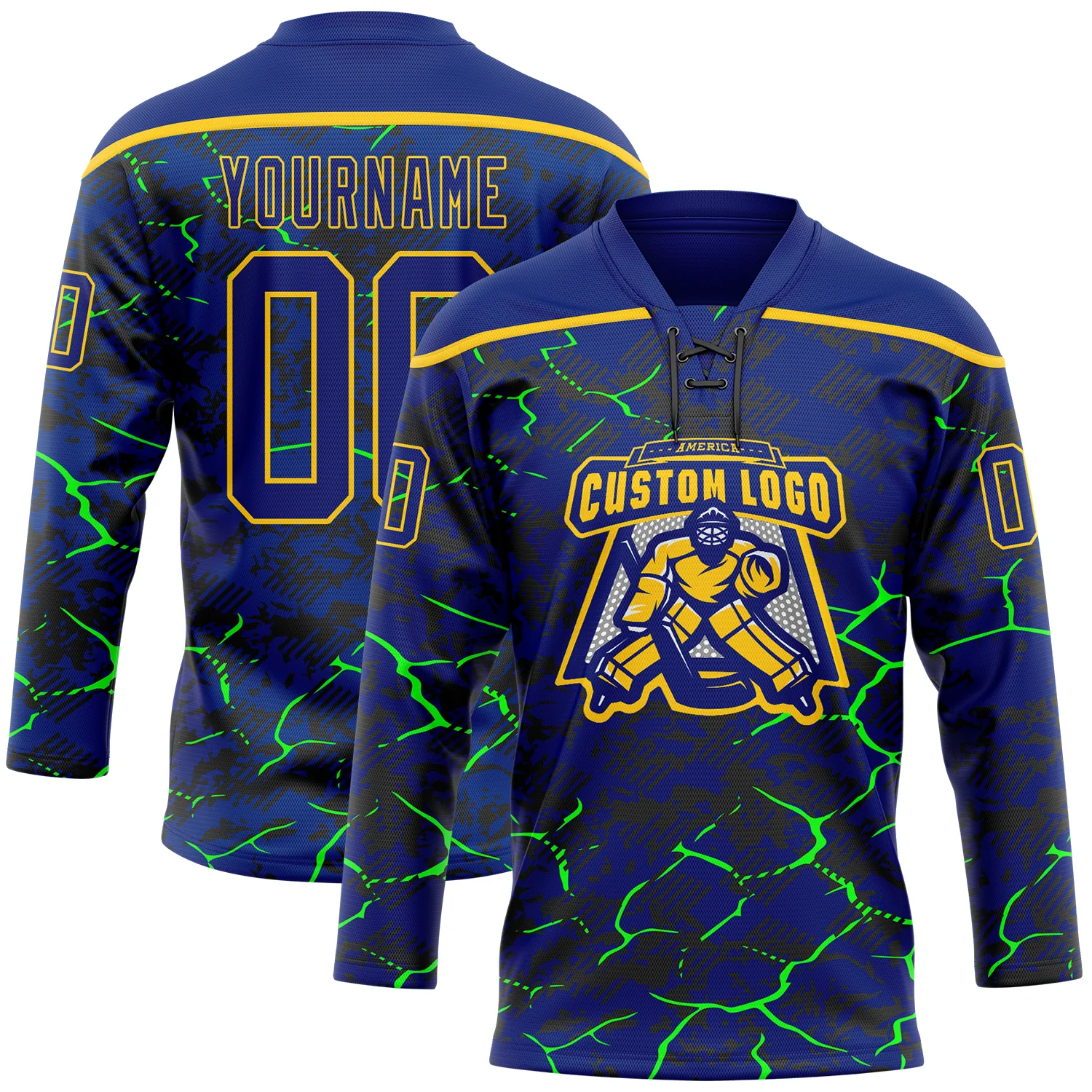 Custom Royal Green Black-Yellow 3D Pattern Lightning Hockey Lace Neck Jersey