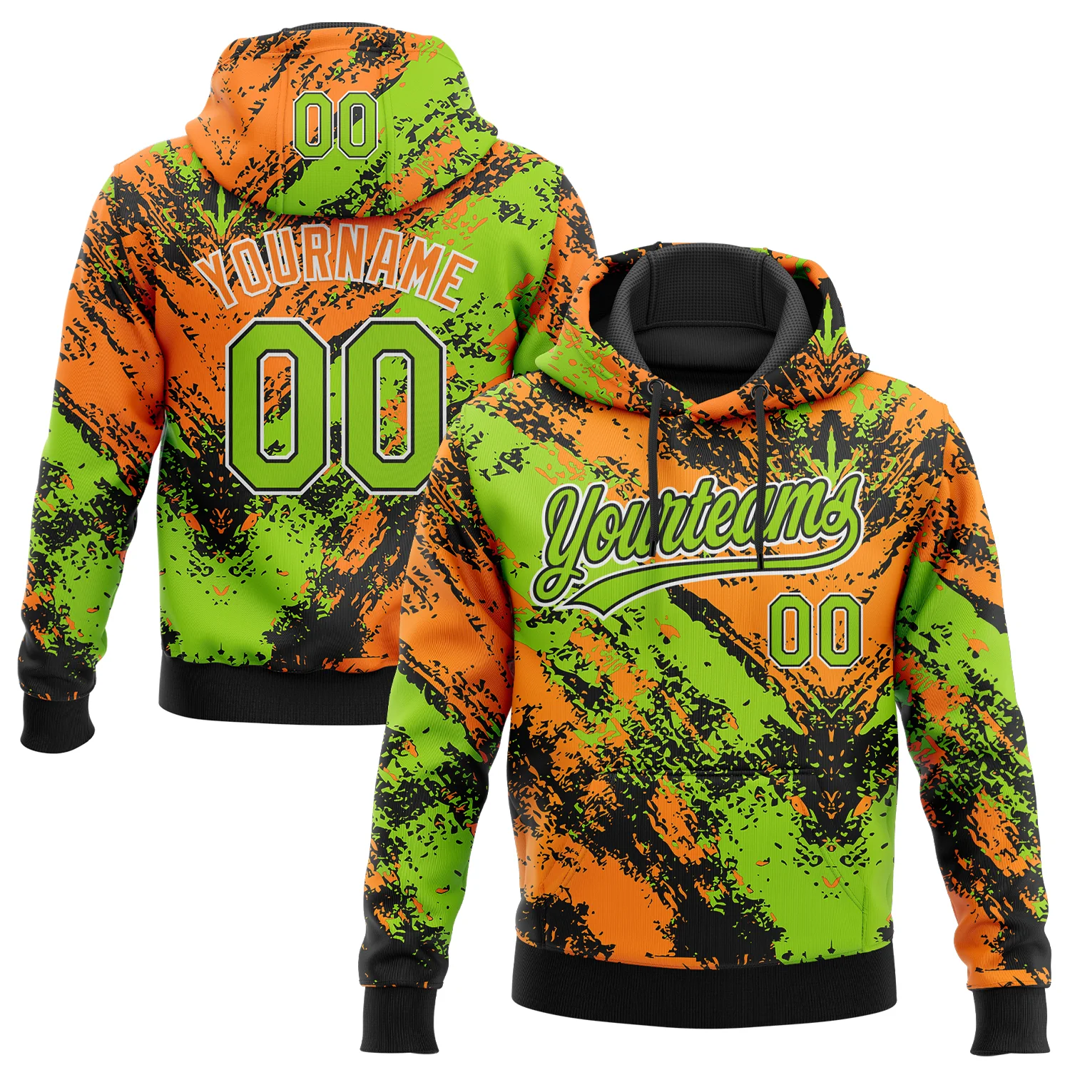 Custom Stitched Black Neon Green Bay Orange-White 3D Pattern Design Abstract Splatter Sports Pullover Sweatshirt Hoodie