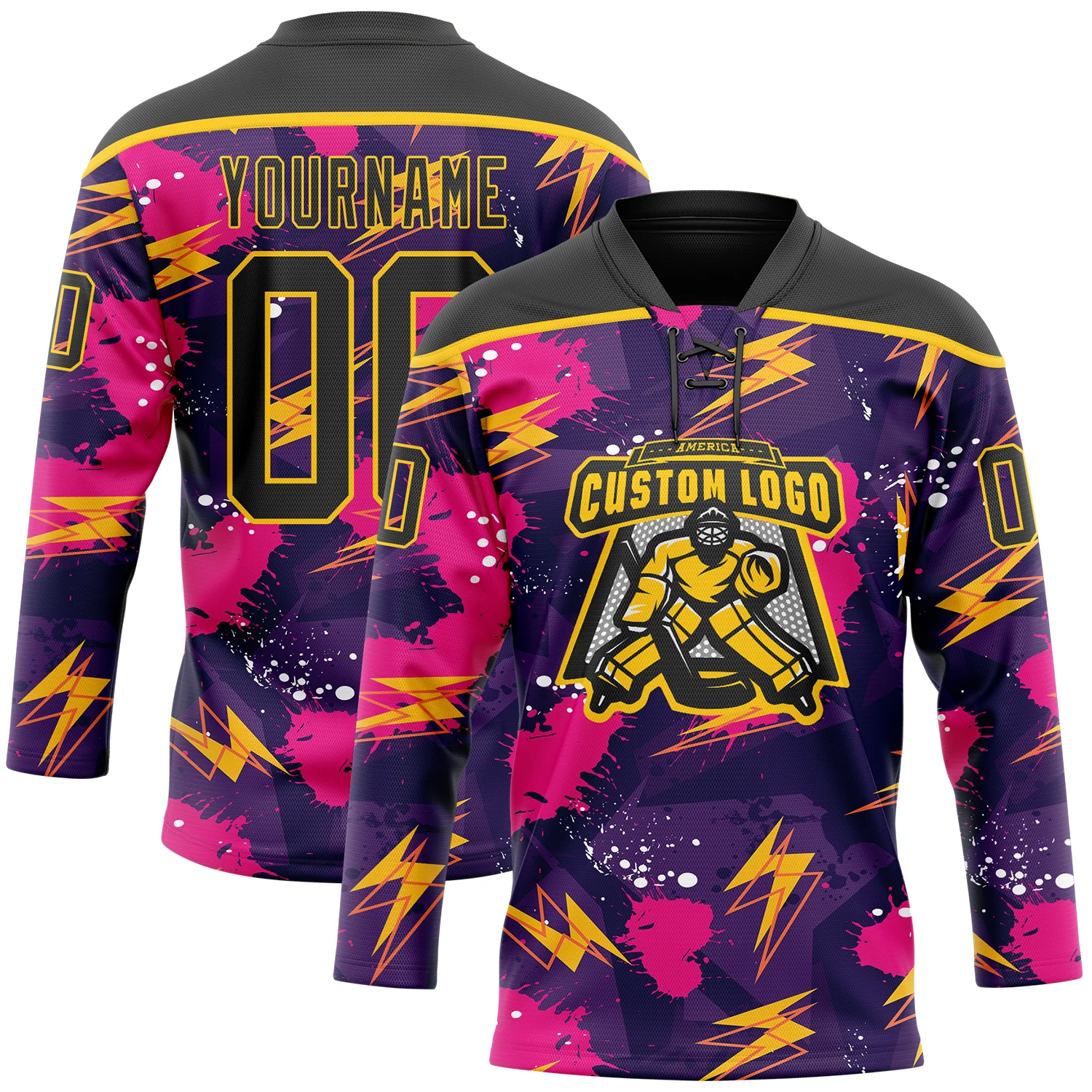 Custom Purple Black Pink-Yellow 3D Pattern Lightning Hockey Lace Neck Jersey