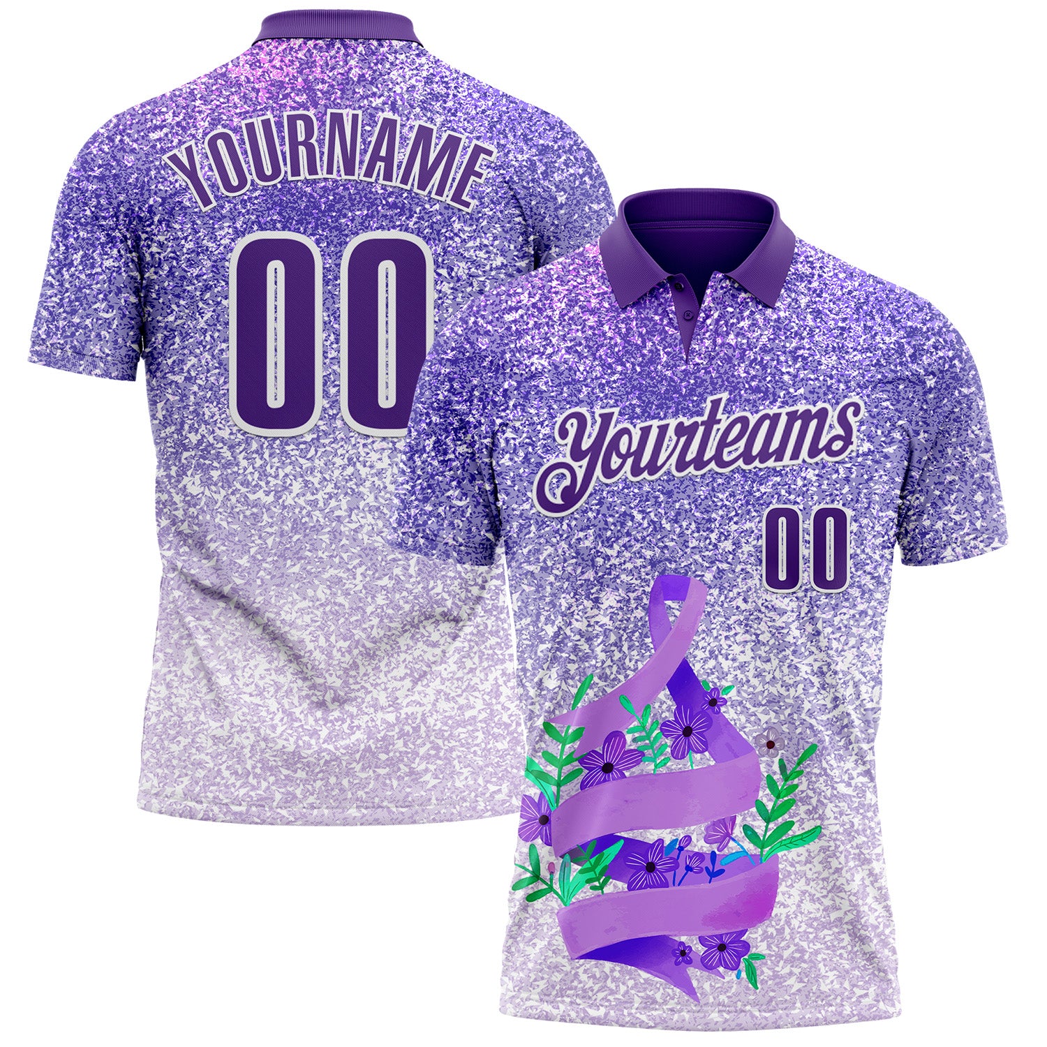 Custom Purple White 3D Pattern Design Perwinkle Ribbon Gastric Cancer Awareness Sprinkle Performance Polo Shirt