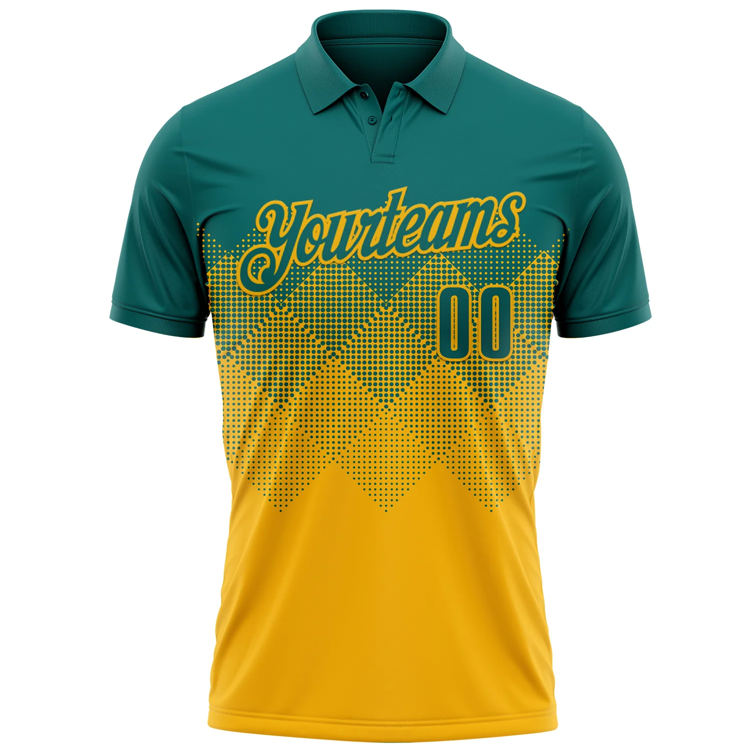 Custom Teal Gold 3D Gradient Square Shape Performance Polo Shirt