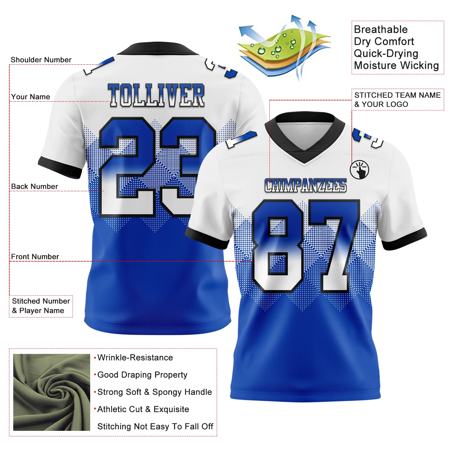 Custom White Thunder Blue-Black Authentic Gradient Square Shape Flag Football Jersey
