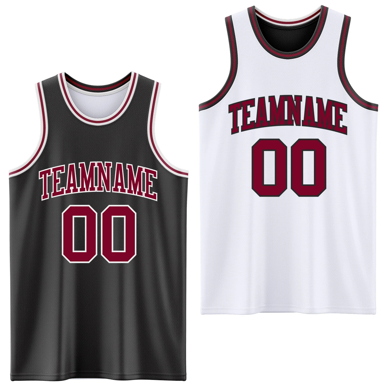 Custom Reversible Black Maroon-White Double Side Sublimation Basketball Suit Jersey