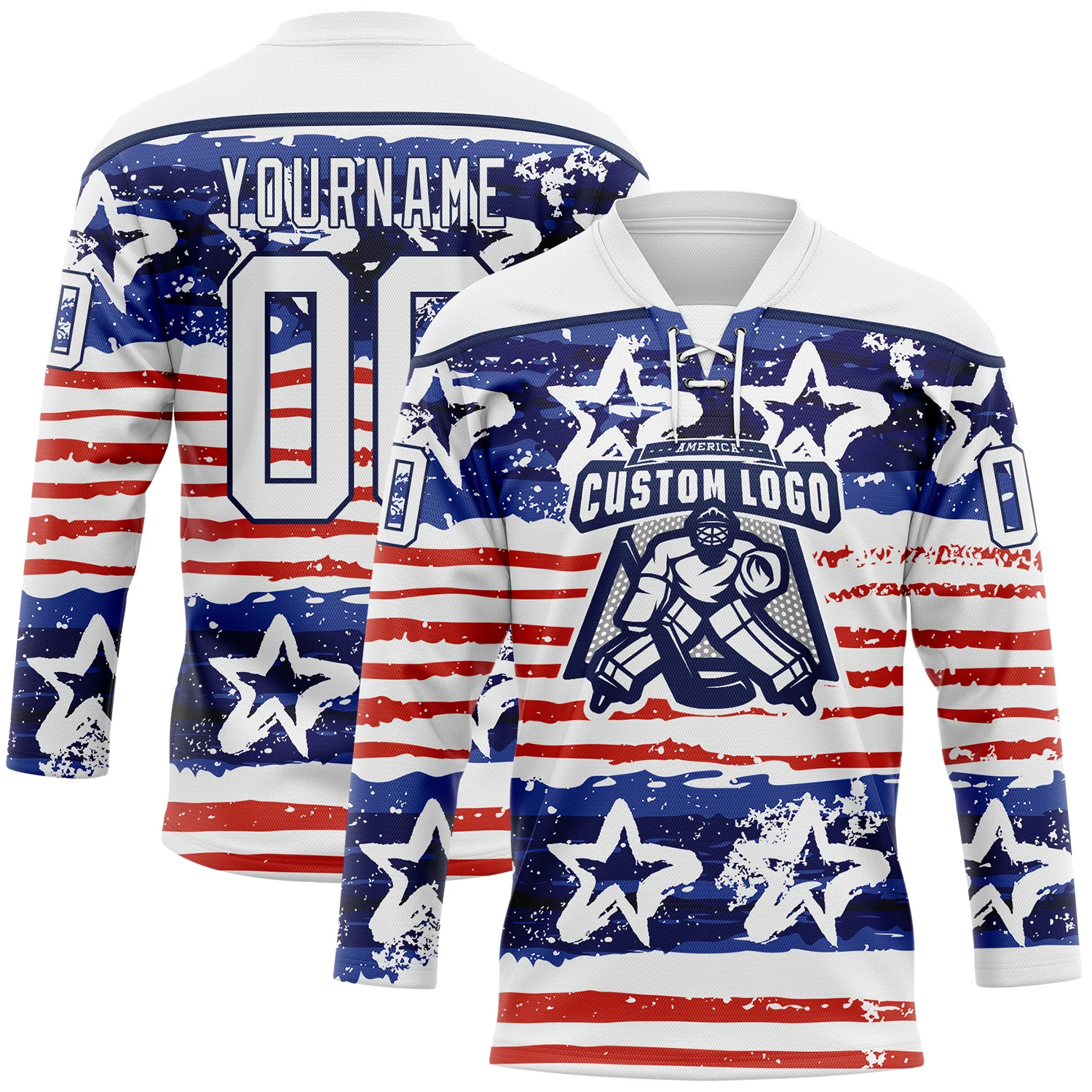 Custom White Red-Navy American Flag Painted Hockey Lace Neck Jersey