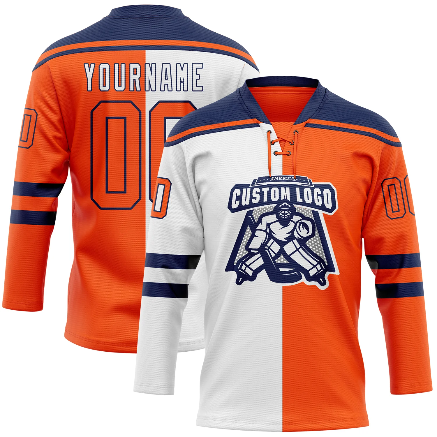 Custom Orange White-Navy Split Fashion Hockey Lace Neck Jersey