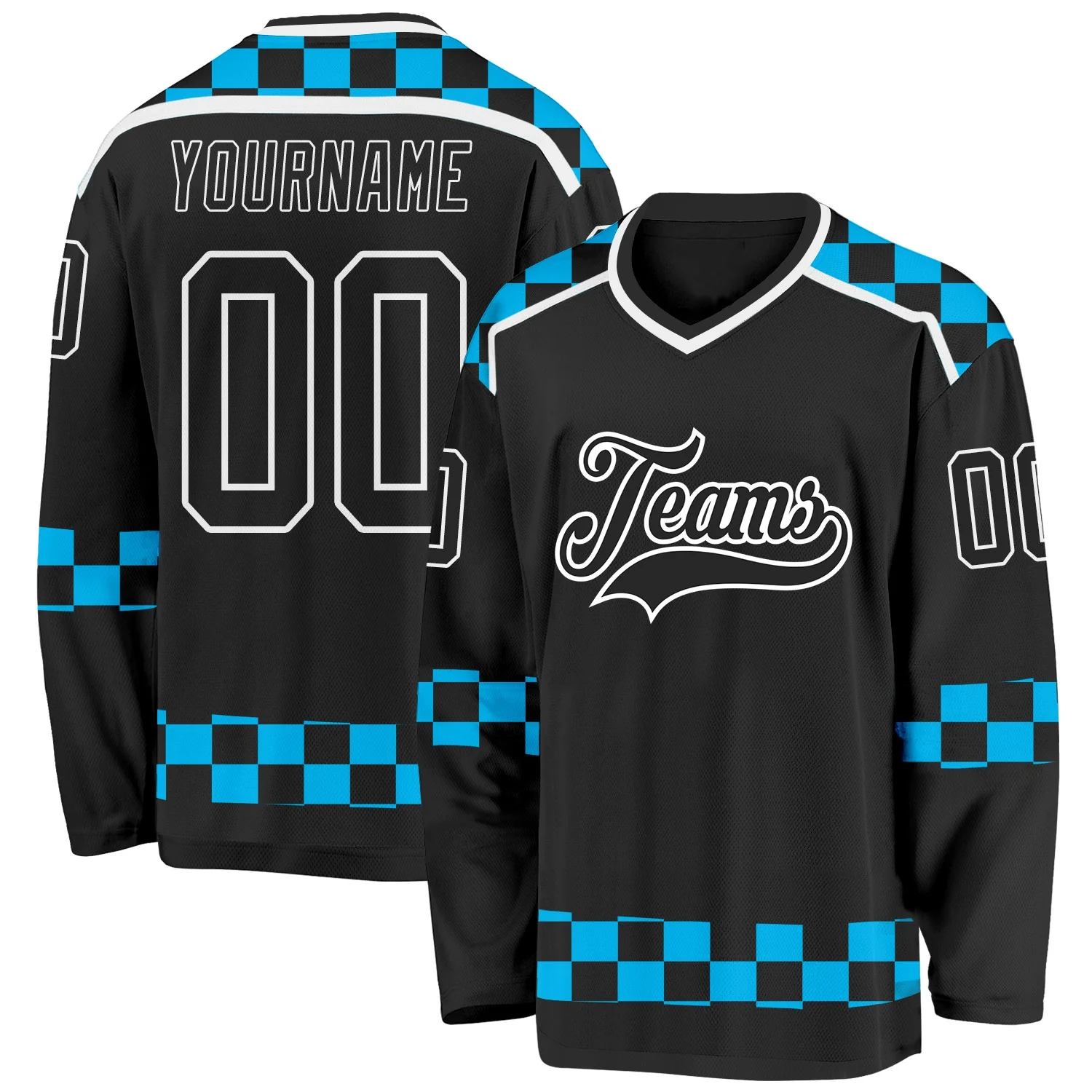 Custom Black Blue-White 3D Pattern Plaid Hockey Jersey