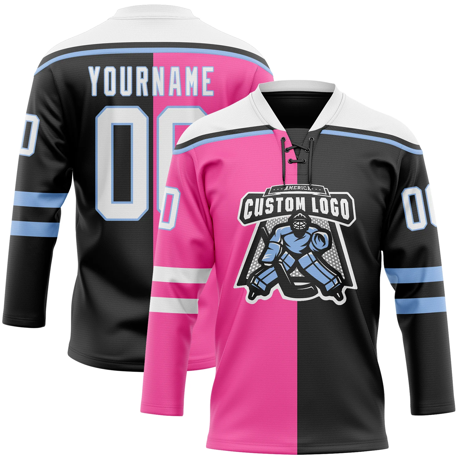 Custom Black White Pink-Light Blue Split Fashion Hockey Lace Neck Jersey