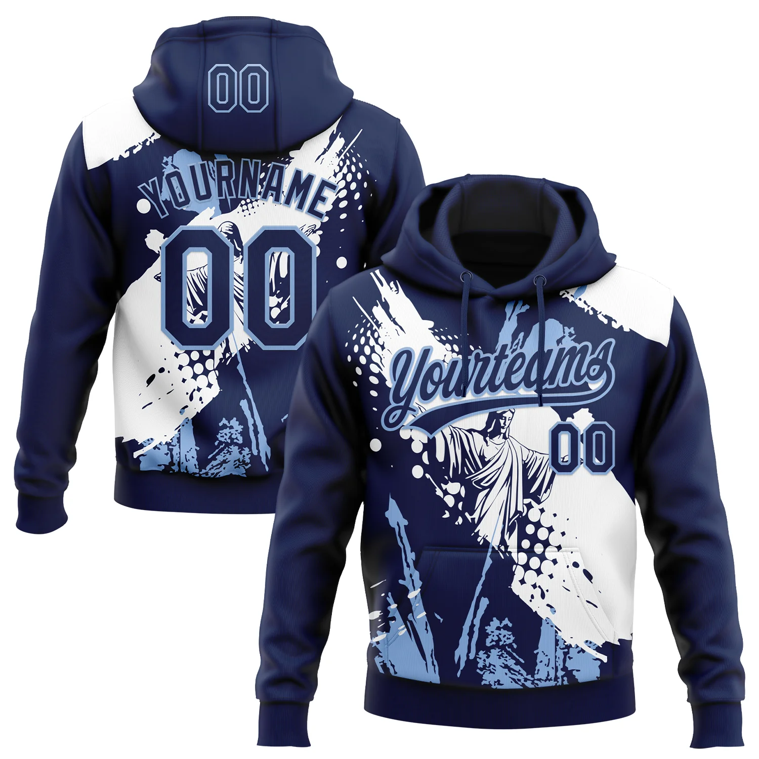 Custom Stitched Navy Light Blue-White 3D Pattern Design Religion Jesus Christ Pullover Sweatshirt Hoodie