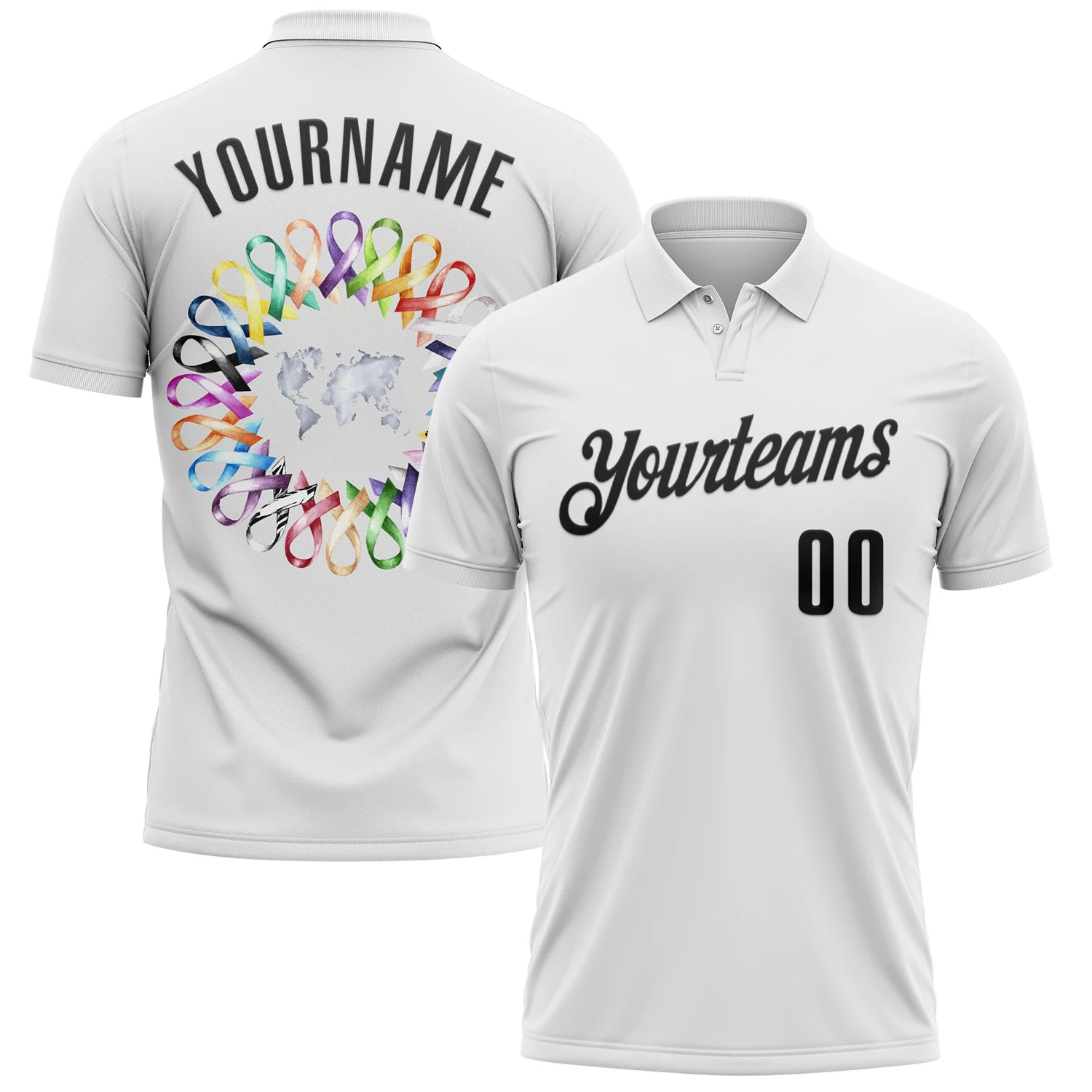 Custom White Black 3D Pattern Design Ribbon Cancer Awareness World Cancer Day Performance Polo Shirt