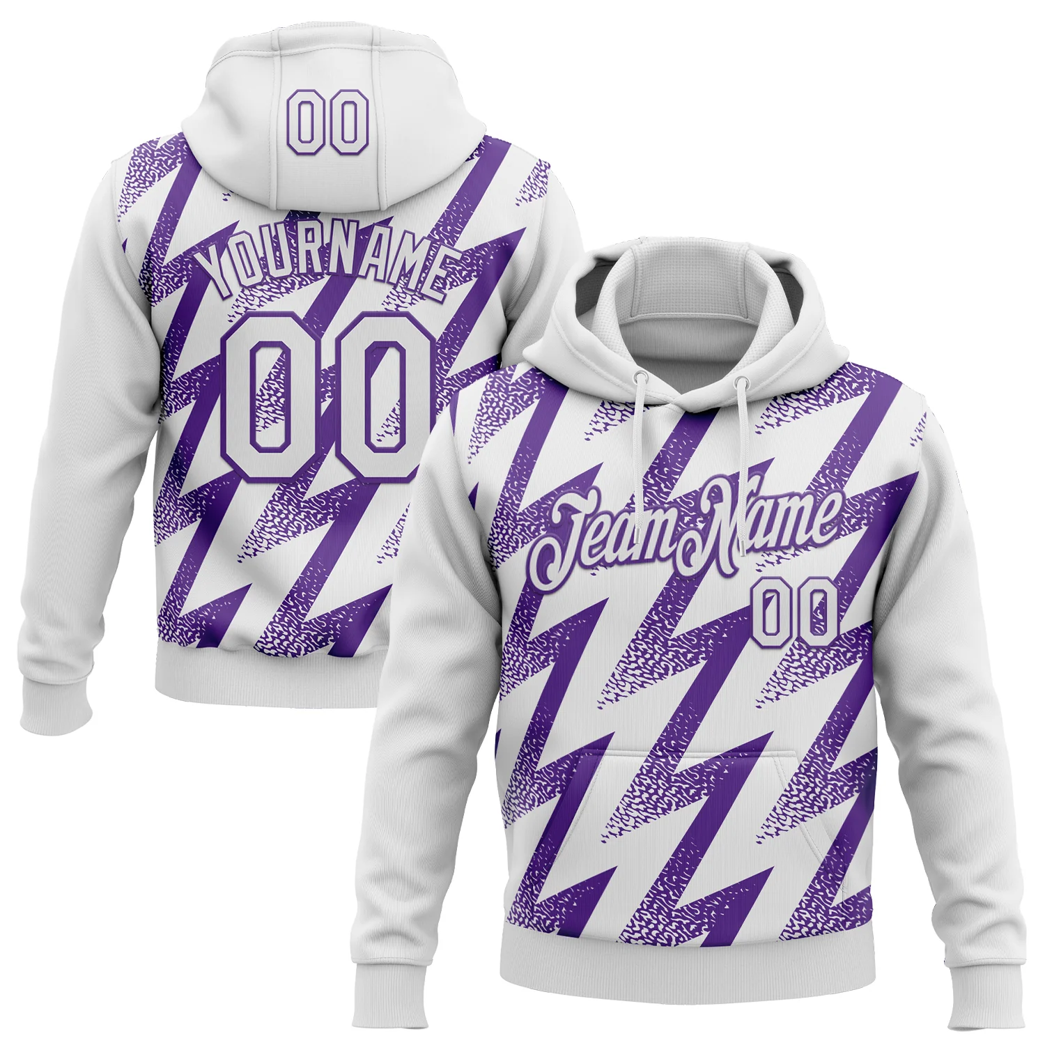 Custom Stitched White Purple 3D Pattern Design Zigzag Shape Sports Pullover Sweatshirt Hoodie