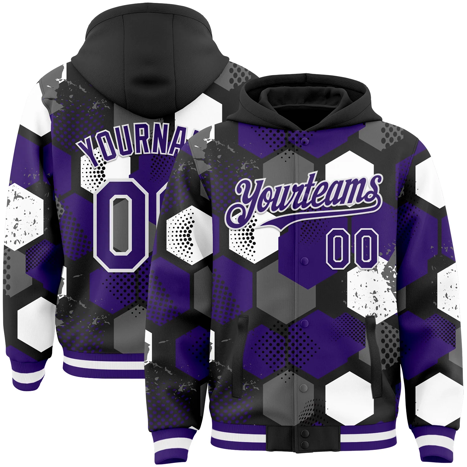 Custom Black Purple-White Geometric Shape 3D Pattern Design Bomber Full-Snap Varsity Letterman Hoodie Jacket