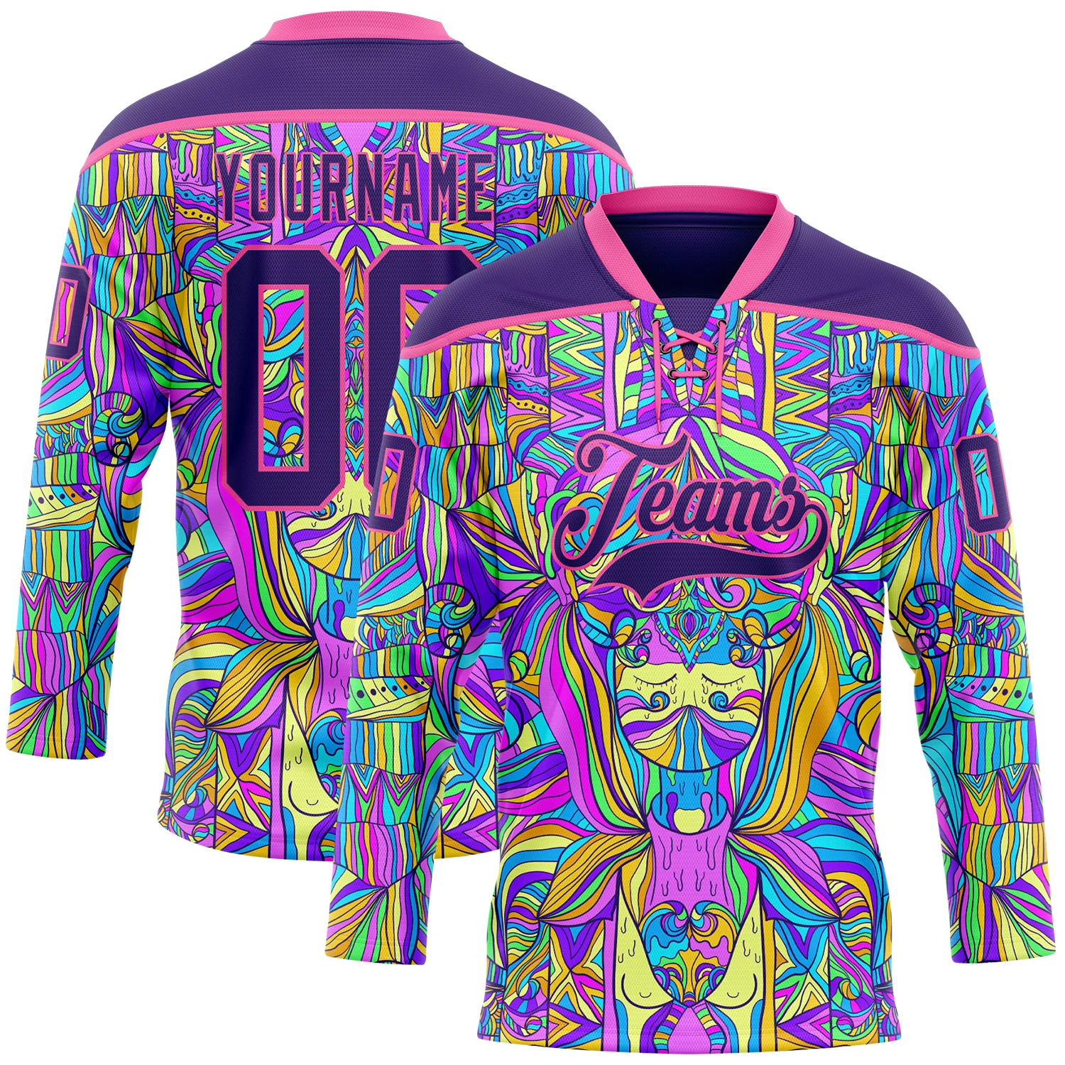 Custom Purple Pink-Yellow 3D Pattern Trippy Psychedelic Hockey Lace Neck Jersey