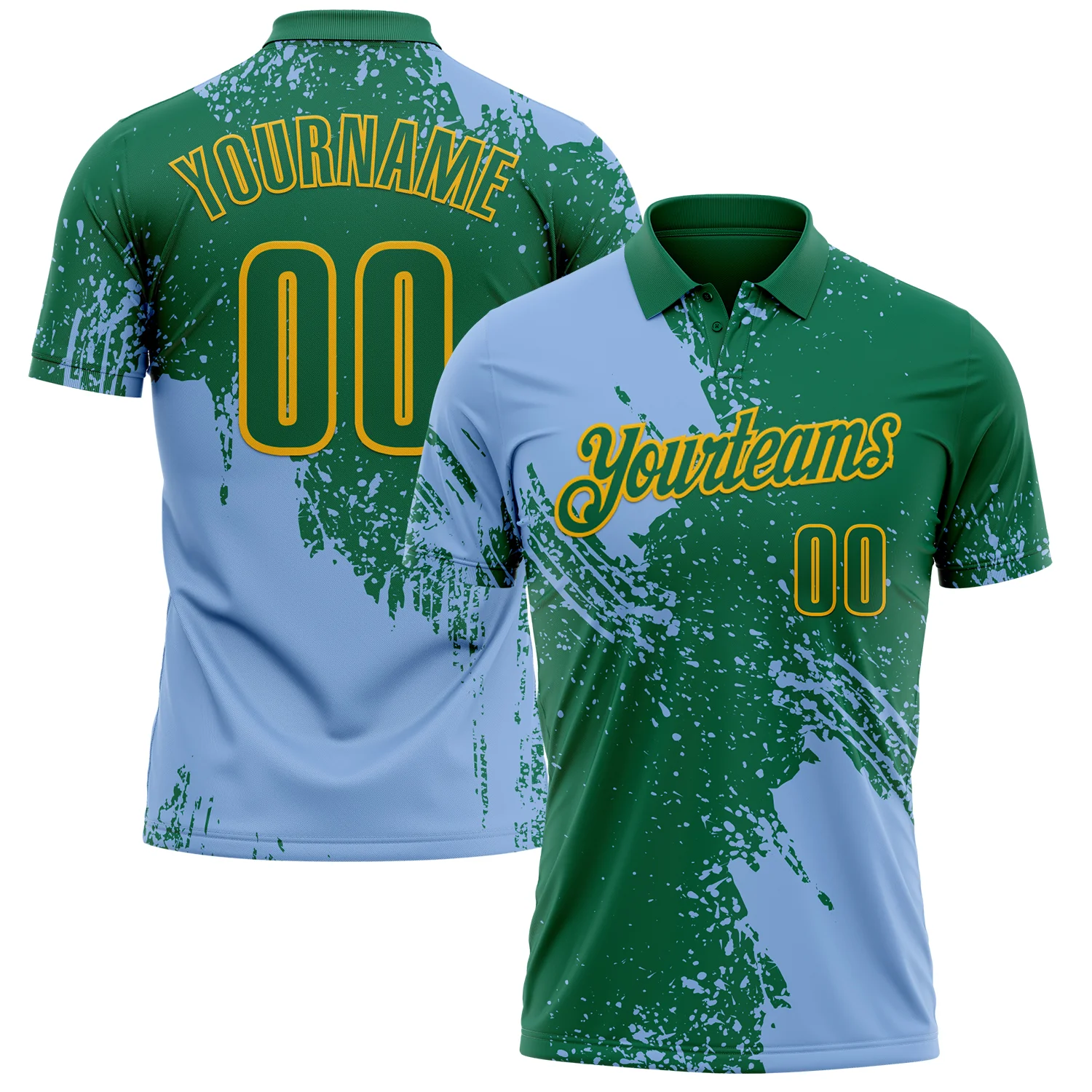 Custom Light Blue Kelly Green-Gold 3D Pattern Design Abstract Brush Stroke Performance Polo Shirt