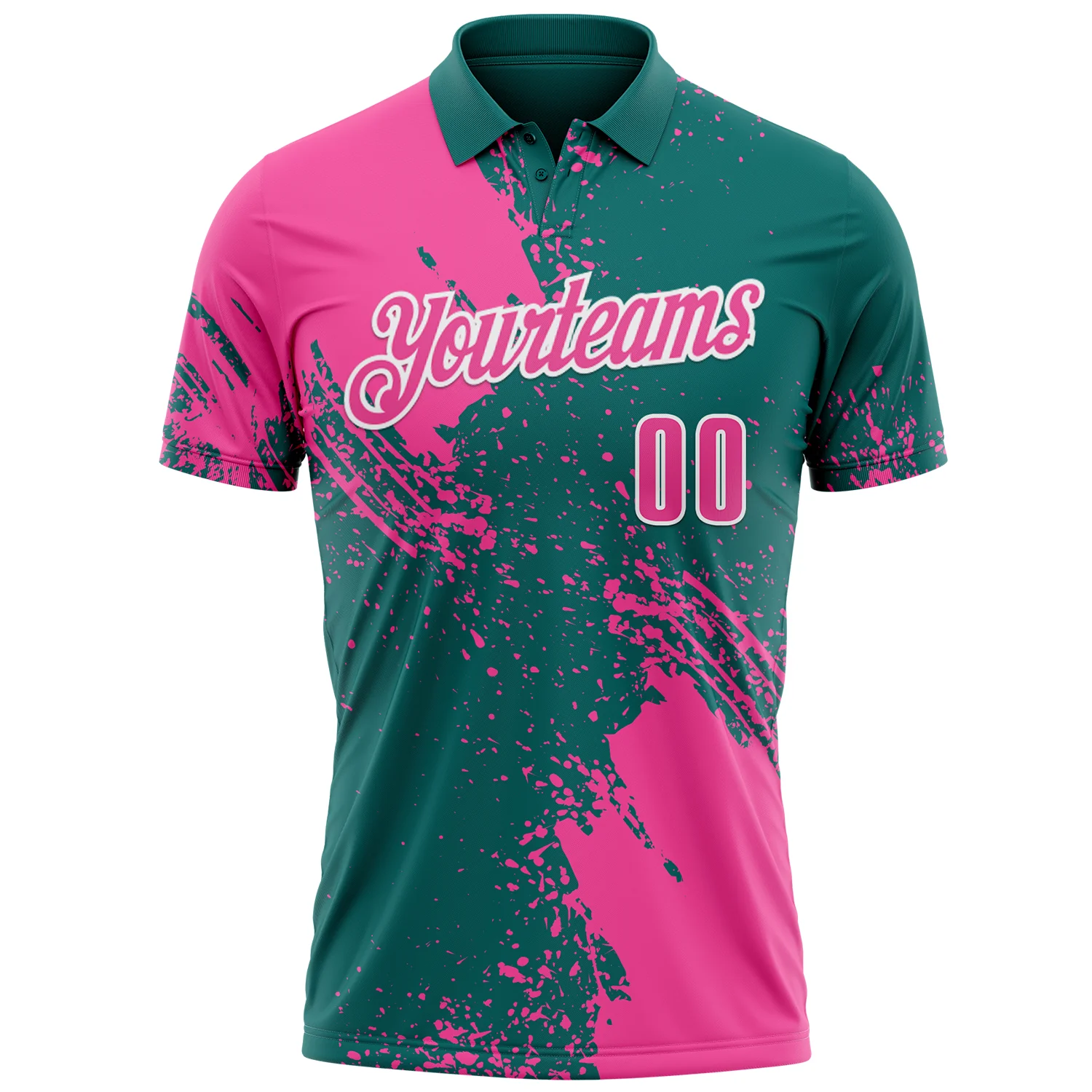 Custom Pink Teal-White 3D Pattern Design Abstract Brush Stroke Performance Polo Shirt