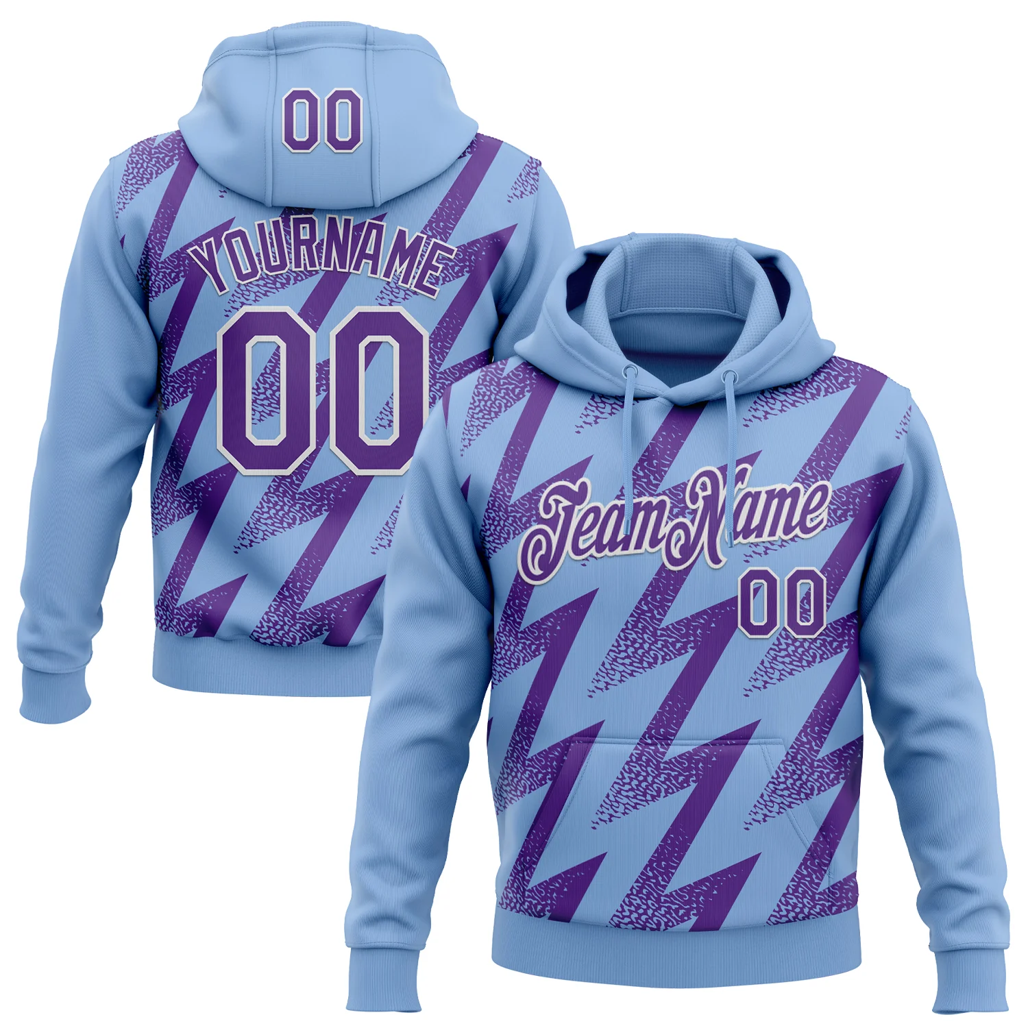 Custom Stitched Light Blue Purple-White 3D Pattern Design Zigzag Shape Sports Pullover Sweatshirt Hoodie