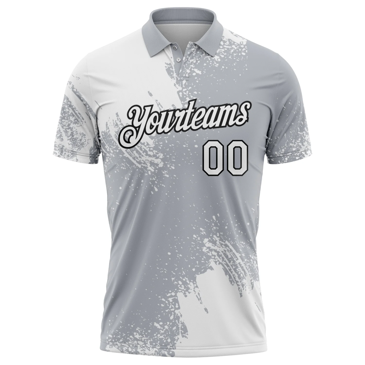 Custom White Gray-Black 3D Pattern Design Abstract Brush Stroke Performance Polo Shirt